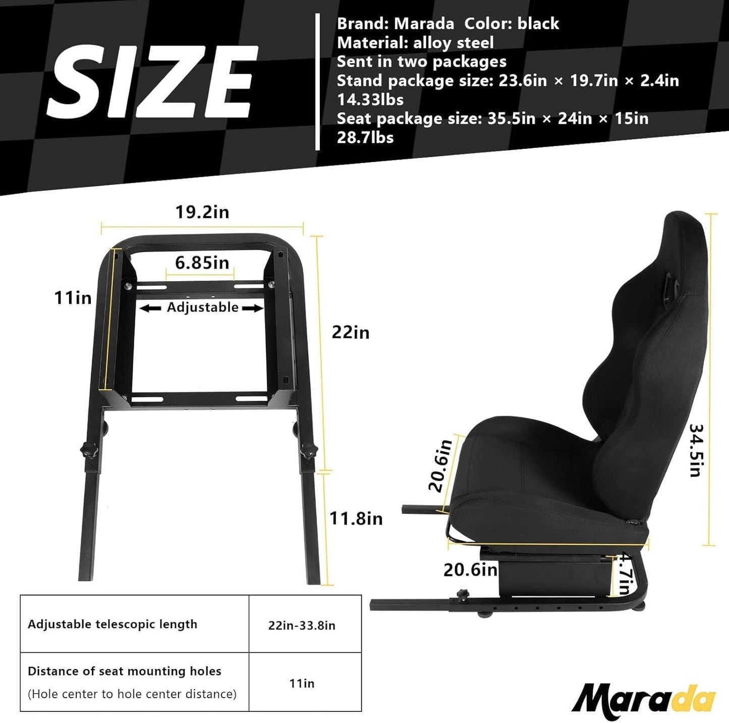 Marada Racing Simulator Cockpit Seat with Black Seat and Bolts Suitable Adjustable Portable Sim Gaming Frame Stand Real Driving & Flying Simulation Split Cockpit