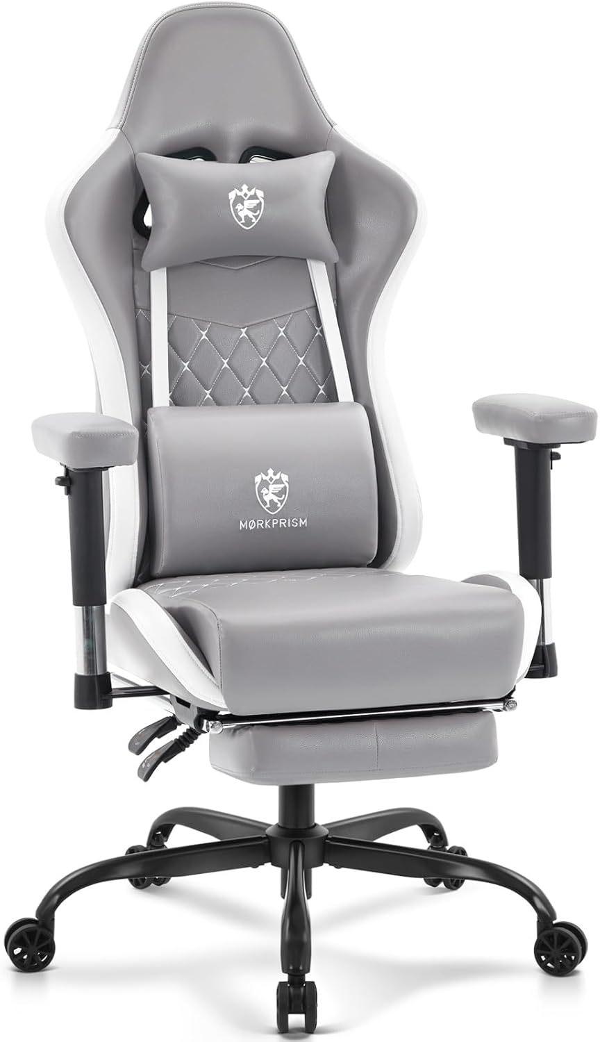 Gaming Chair Breathable Fabric,Computer Office Chair with Footrest,Massage Lumbar Support and Gel Pad,Ergonomic Reclining Gamer Chair with Adjustable Armrests and Spring Cushion Grey Black