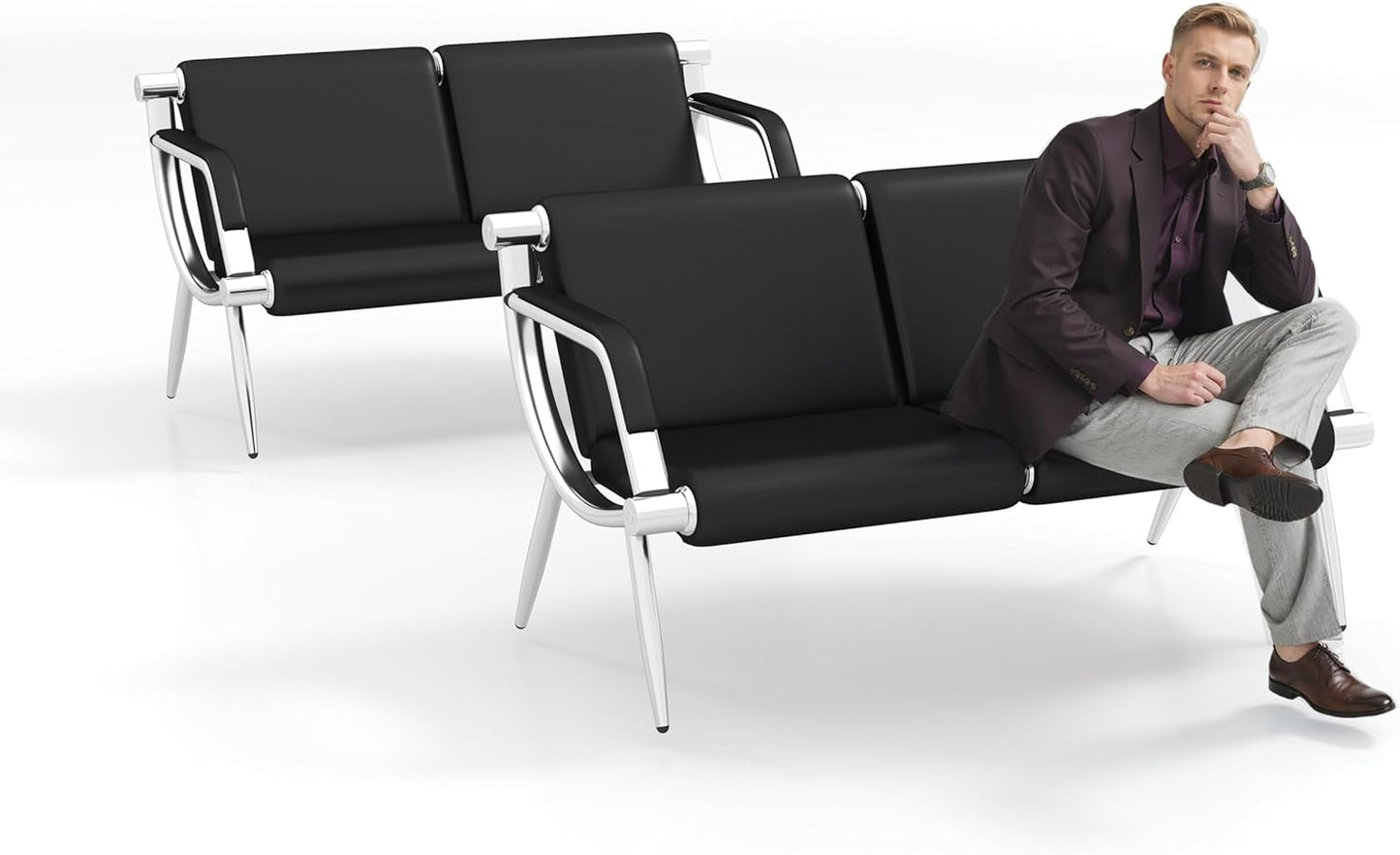 Kinsuite 3-Seat Office Reception Waiting Room Chairs - Guest & Reception Chairs for Salon Barber Bench Airport Bank Hall Visitor Guest Black PU Leather Office Sofa, Black
