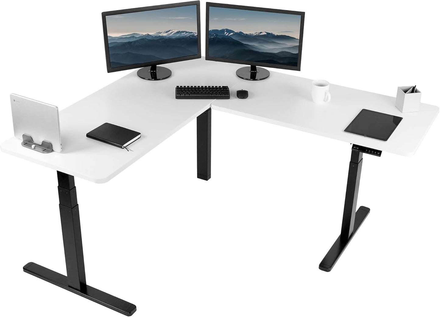 VIVO Electric 78 x 55 inch Square Corner Memory L Shaped Stand Up Desk, White Table Top, White Frame, Corner Height Adjustable Workstation, 3E-S Series, DESK-KIT-3E5SW