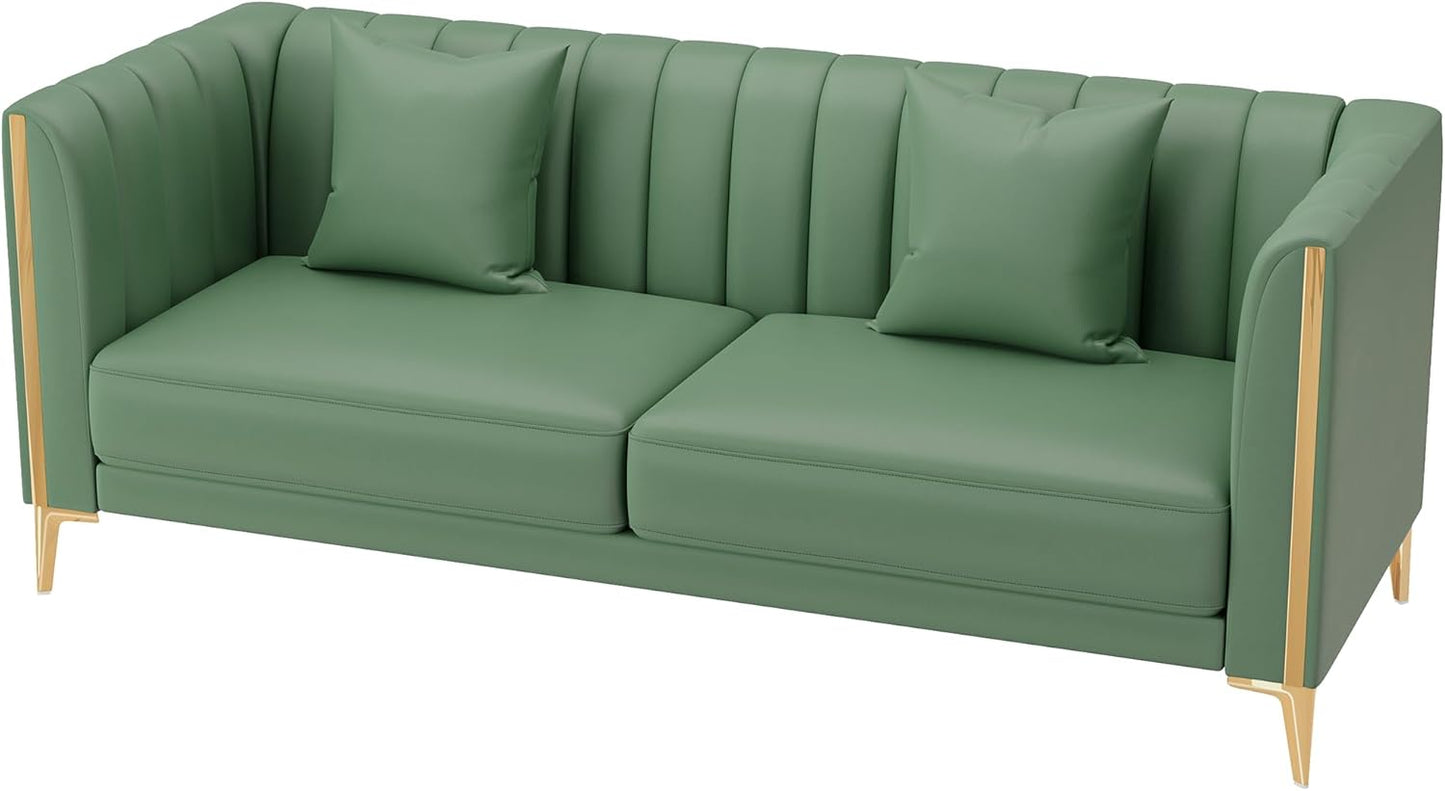 FOTOSOK 78'' Sofa, Black Couches for Living Room, Comfy Sofas Faux Leather Sofa 3 Seater Couches with 2 Throw Pillows and Gold Metal Legs, Deep Seat Sofas for Home, Office (Black)
