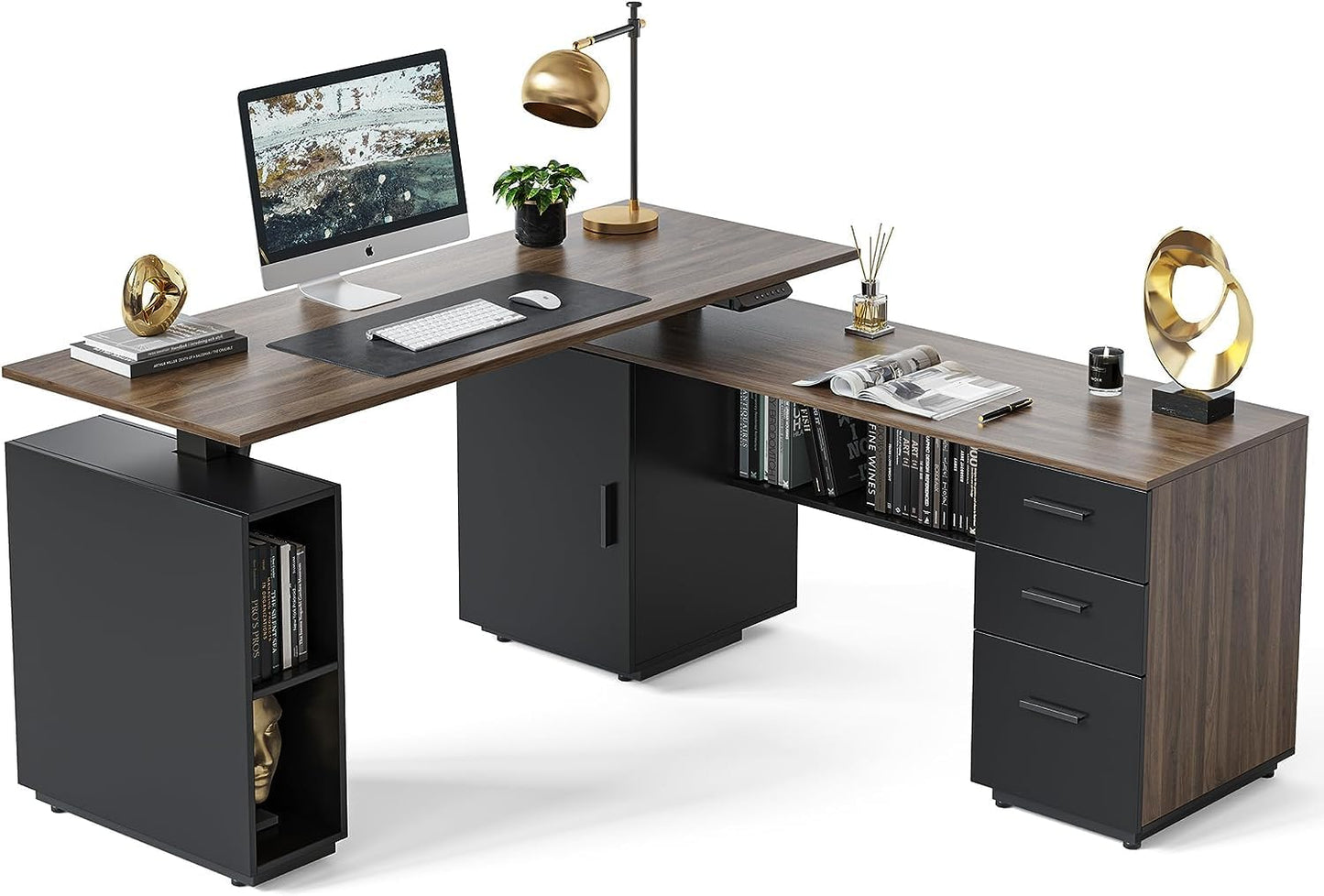 FEZIBO Electric Height Adjustable Stand up Desk for Home Office, 63" L Shaped Executive Standing Desk with 3-Drawer File Cabinet, Computer Desk with Storage Cabinets, White Frame/Light Walnut Top