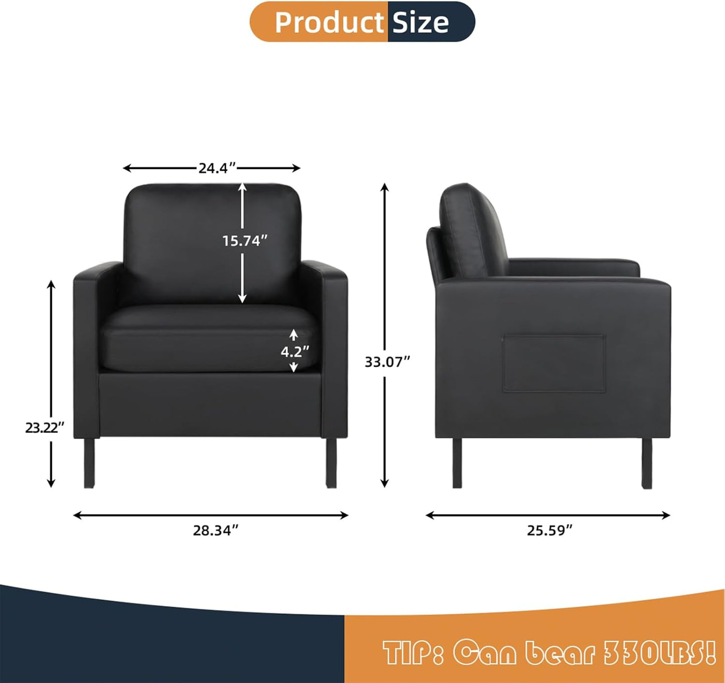 AODAILIHB Black Leather Accent Chair Set of 2, Modern Accent Chairs with Arms, Small Side Chair 2 Pocket/Thick Cushion Single Sofa Comfy Couch for Living Room/Waiting Room/Office (2, Black)