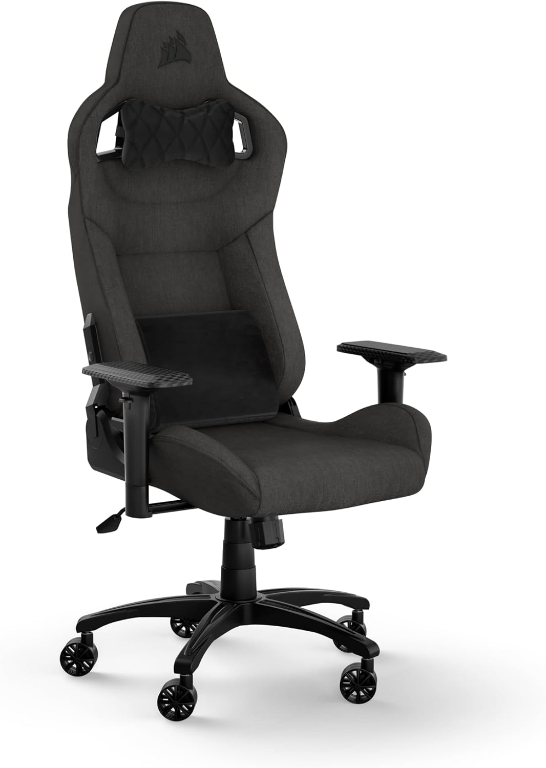 Corsair T3 Rush Fabric Gaming Chair (2023) – Racing-Inspired Design – Soft Fabric Exterior – Padded Neck Cushion – Memory Foam Lumbar Support – Adjustable Seat Height – Gray and White
