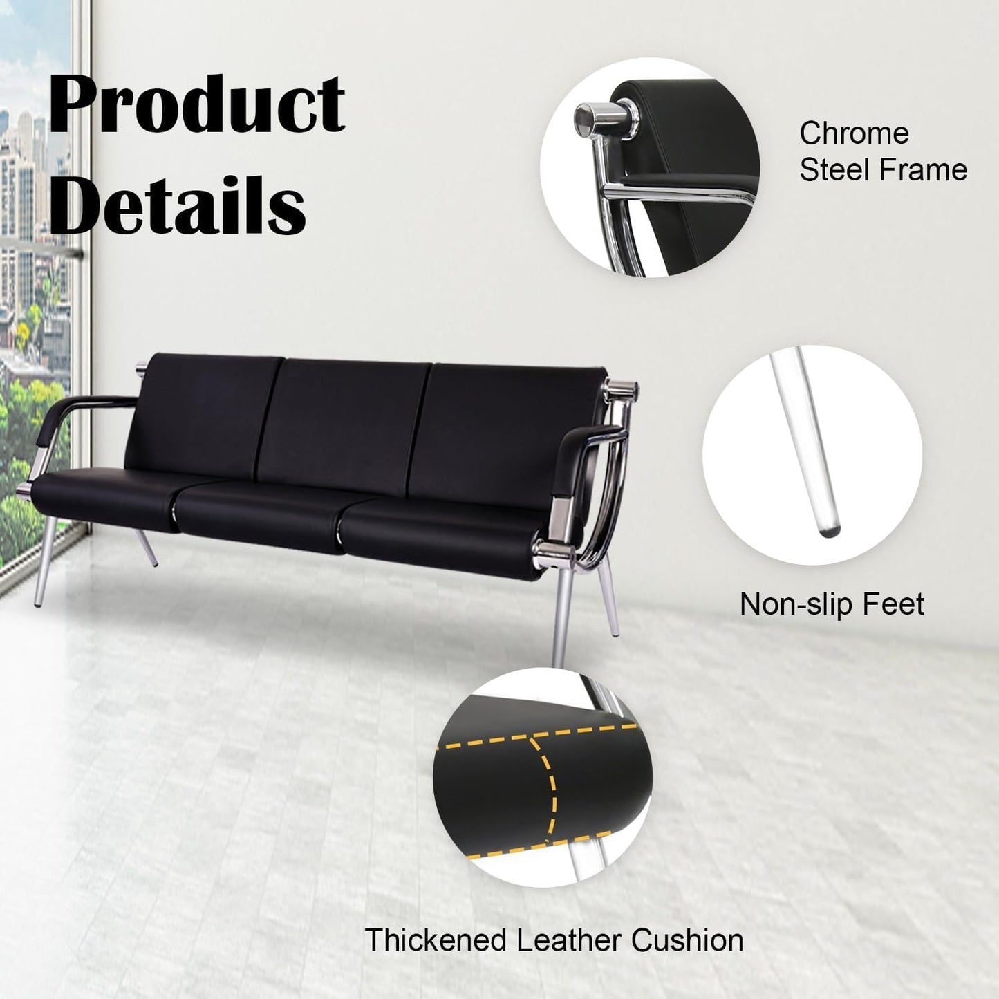 Kinsuite 3-Seat Office Reception Waiting Room Chairs - Guest & Reception Chairs for Salon Barber Bench Airport Bank Hall Visitor Guest Black PU Leather Office Sofa, Black