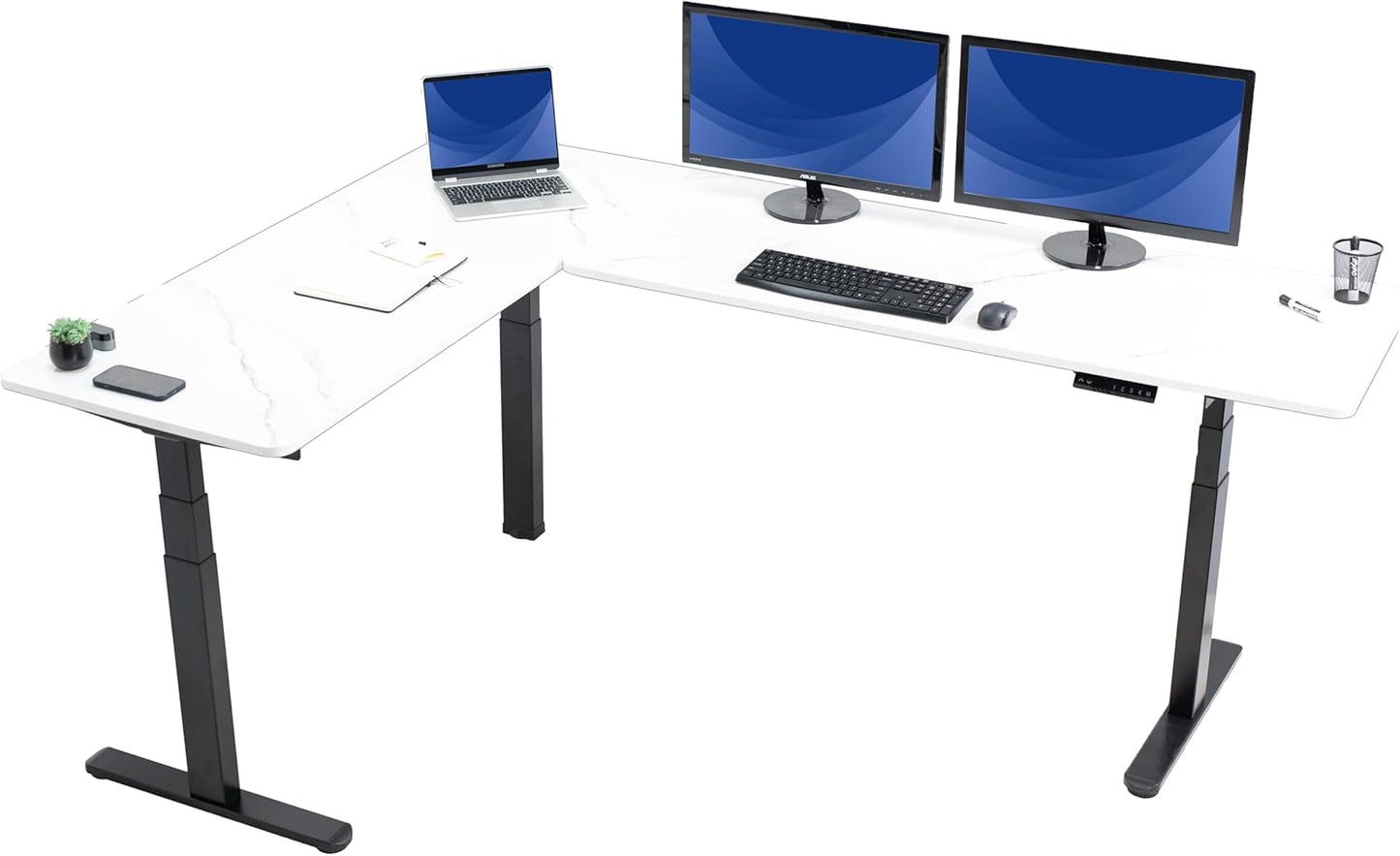 VIVO Electric 78 x 55 inch Square Corner Memory L Shaped Stand Up Desk, White Table Top, White Frame, Corner Height Adjustable Workstation, 3E-S Series, DESK-KIT-3E5SW