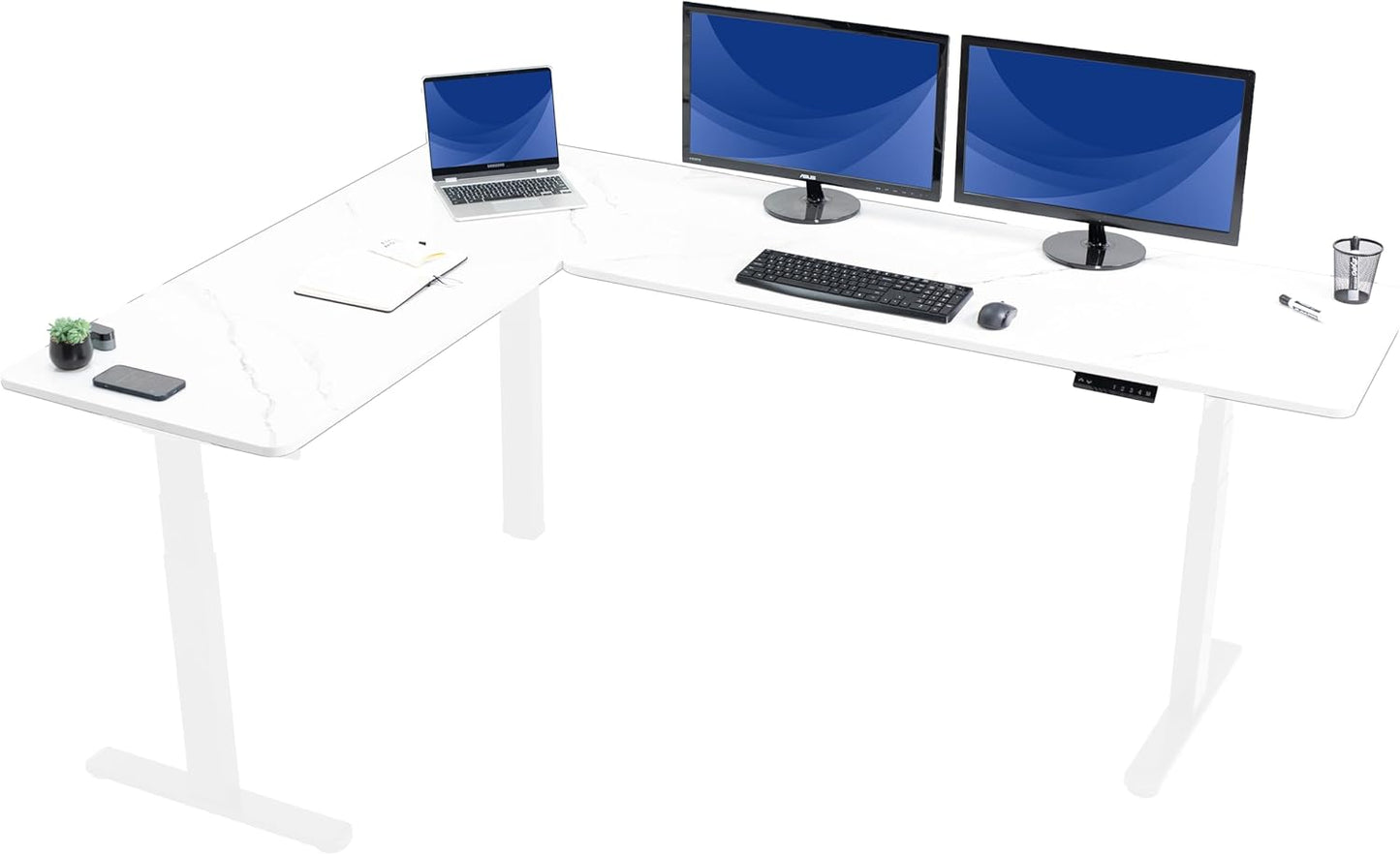 VIVO Electric 78 x 55 inch Square Corner Memory L Shaped Stand Up Desk, White Table Top, White Frame, Corner Height Adjustable Workstation, 3E-S Series, DESK-KIT-3E5SW