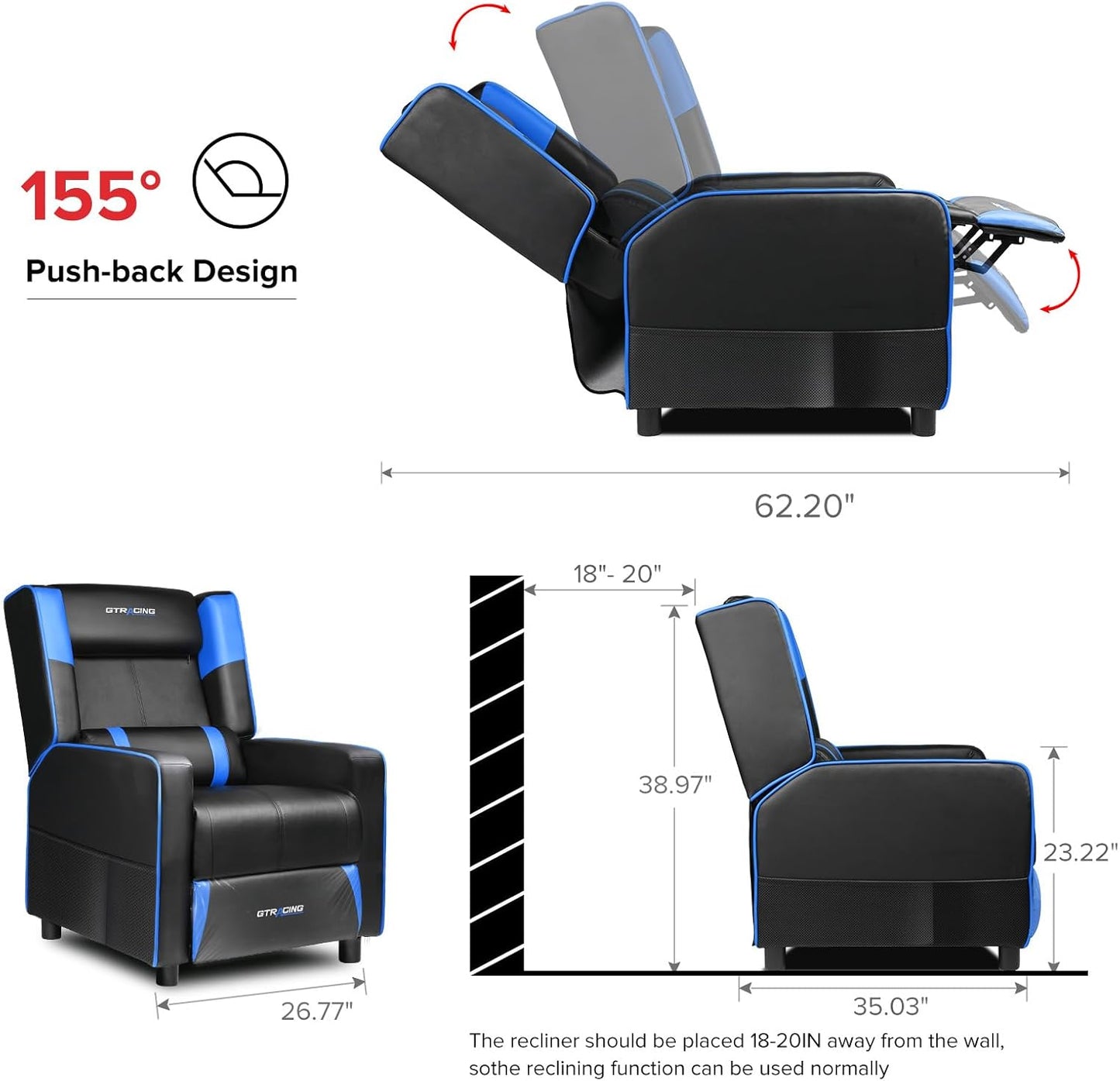 GTRACING Gaming Recliner Chair for Living Room Racing Style Single PU Leather Gaming Sofa for Adults Modern Game Recliners Ergonomic Comfortable Home Theater Seating, Blue