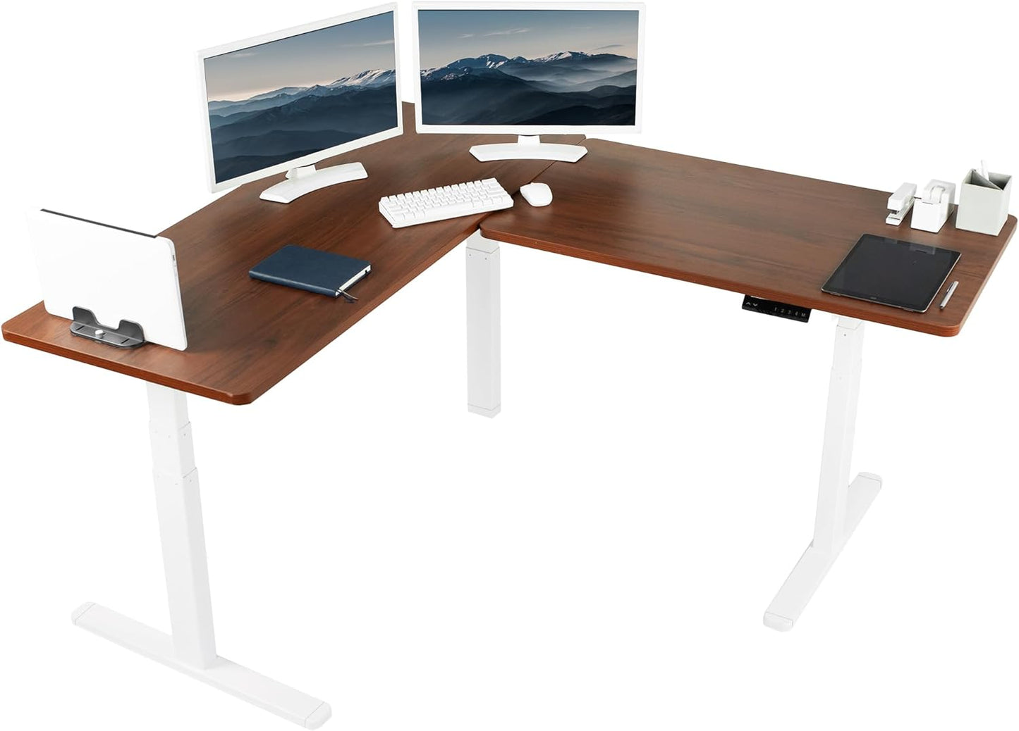 VIVO Electric 78 x 55 inch Square Corner Memory L Shaped Stand Up Desk, White Table Top, White Frame, Corner Height Adjustable Workstation, 3E-S Series, DESK-KIT-3E5SW
