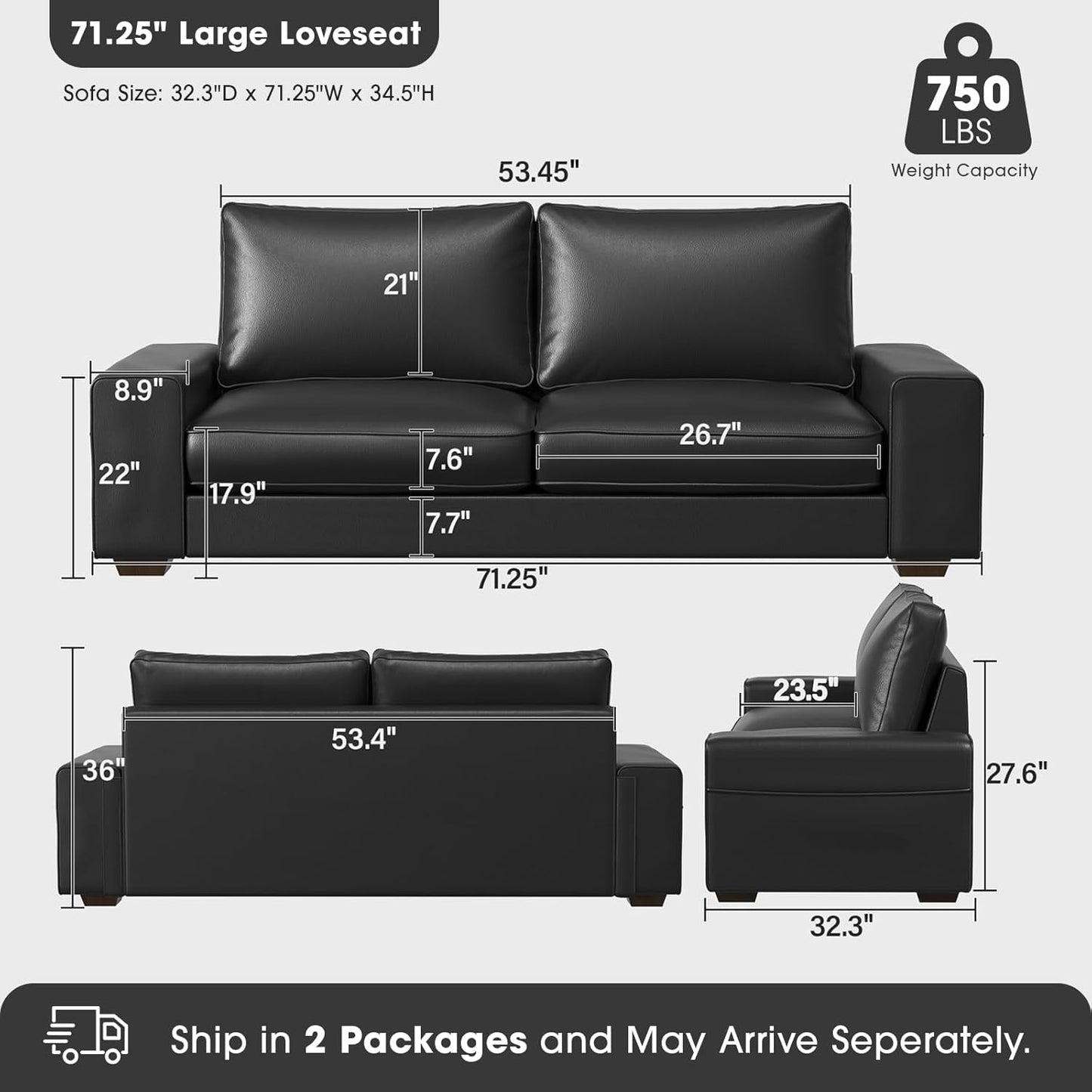 Faux Leather Couch, Mid Century Modern Comfy Loveseat Sofa with Wide Arm, Side Pockets, Solid Wooden Frame for Office, Living Room and Bedroom, 2 Seater (Black, 71.25 Inches)