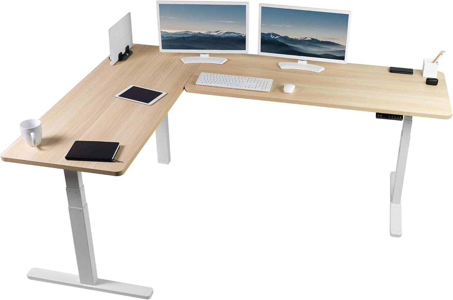 VIVO Electric 78 x 55 inch Square Corner Memory L Shaped Stand Up Desk, White Table Top, White Frame, Corner Height Adjustable Workstation, 3E-S Series, DESK-KIT-3E5SW