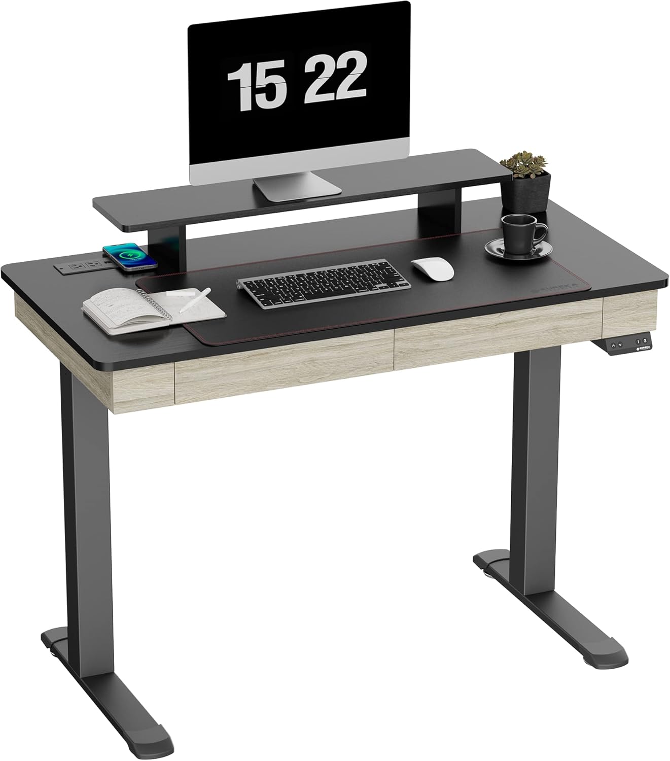 EUREKA ERGONOMIC Standing Desk with 2 Drawers, 55" Dual-Motor Height Adjustable Sit Stand Up Desk with Built-in Outlet, Wireless Charger, Luxury Home Office Computer Table with Monitor Riser, Walnut