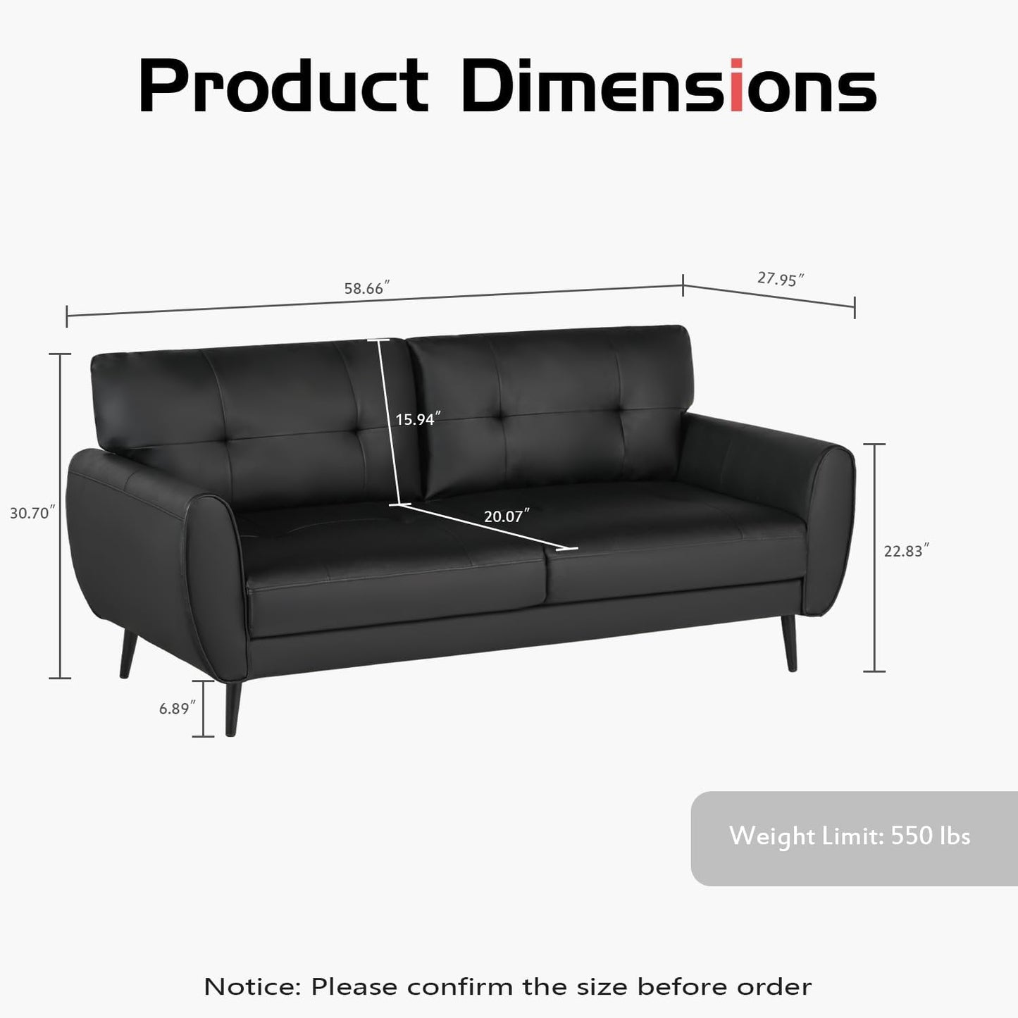 60" Loveseat Sofa for Living Room, Mid Century Mini Black Couch, Tufted Leather Love Seat Furniture, Comfy Office 2 Seat, Small Couches for Small Spaces, Bedroom, Apartment