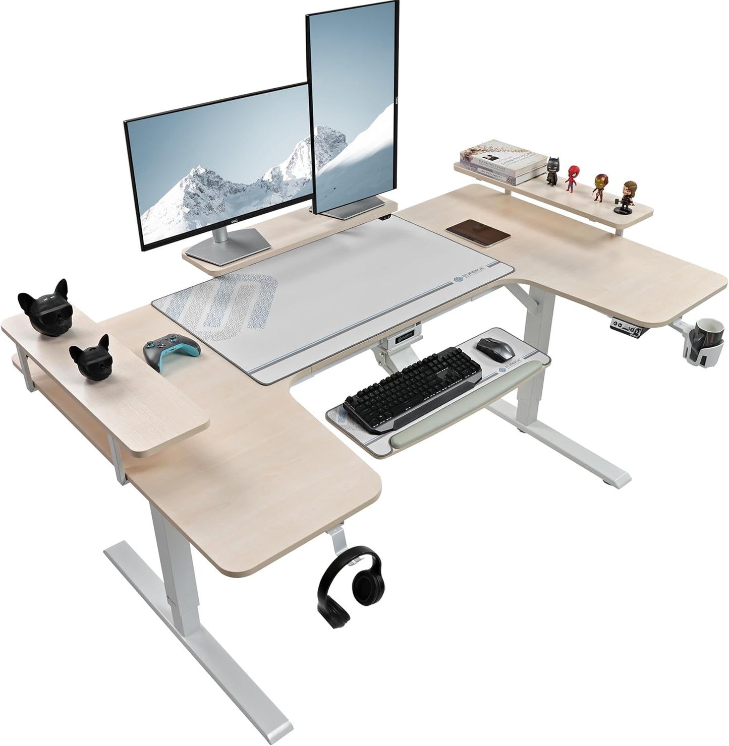 EUREKA ERGONOMIC Standing Desk with Keyboard Tray,U-Shaped 74 Inch Large Gaming Desk,Electric Height Adjustable Music Studio Desk w LED Convertible Shelves