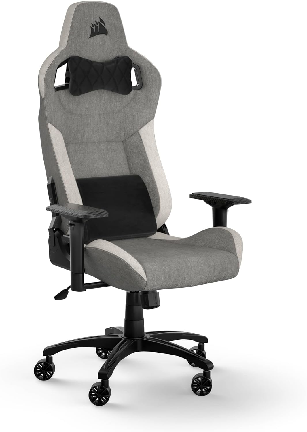 Corsair T3 Rush Fabric Gaming Chair (2023) – Racing-Inspired Design – Soft Fabric Exterior – Padded Neck Cushion – Memory Foam Lumbar Support – Adjustable Seat Height – Gray and White