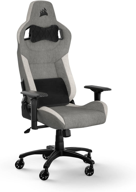 Corsair T3 Rush Fabric Gaming Chair (2023) – Racing-Inspired Design – Soft Fabric Exterior – Padded Neck Cushion – Memory Foam Lumbar Support – Adjustable Seat Height – Gray and White