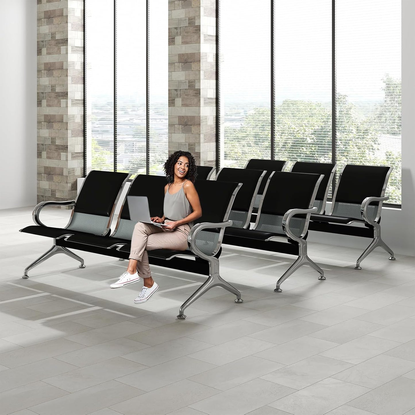 Kinfant 5-Seat Waiting Room Chairs Sofa Furniture - Office Guest Reception Chair with Armrest for Waiting Room Airport Hospital Bank (Black - PU+Mesh)