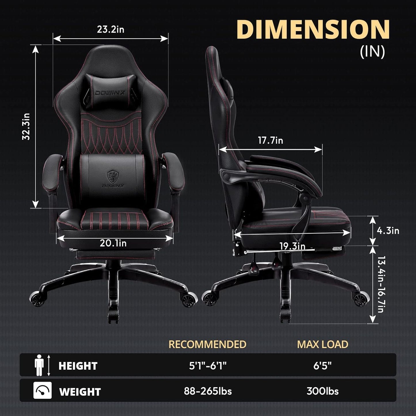 Dowinx Gaming Chair Breathable PU Leather Gamer Chair with Pocket Spring Cushion, Ergonomic Computer Chair with Massage Lumbar Support,Adjustable Swivel Task Chair with Footrest(Black)