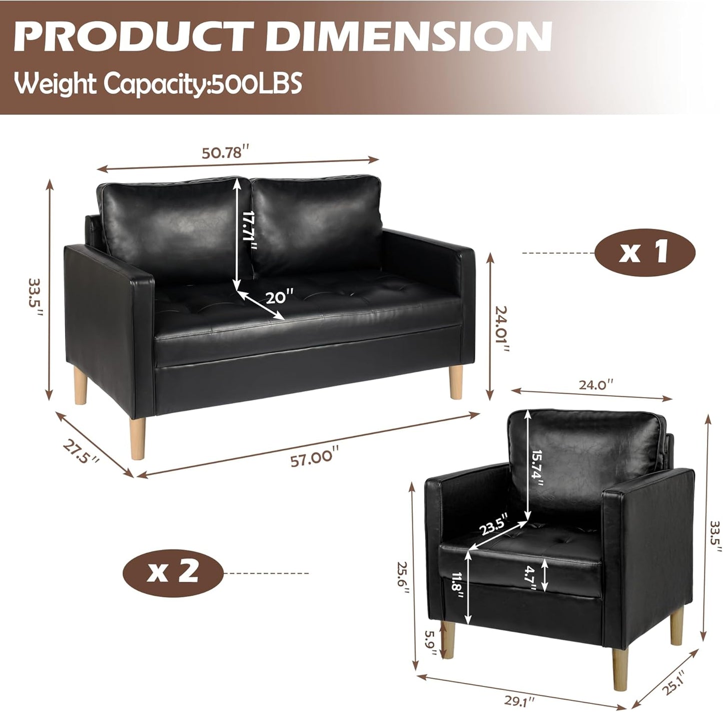 AILEEKISS Mid-Century Sectional Sofa Couch Set Faux Leather Office 3 Pcs Couch Set with Armrest Modern Upholstered Loveseat Couches for Livingroom (1-Seater+1-Seater+2-Seater, Black)