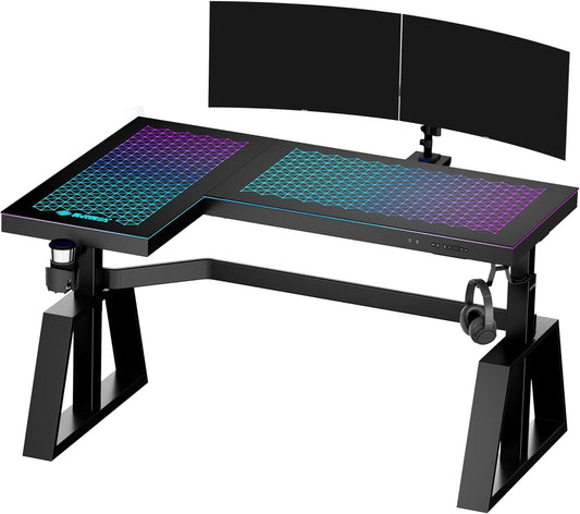 EUREKA ERGONOMIC Standing Desk, Gaming Table,Glass RGB, Height Adjustable Computer desks 60 Inch L Shaped Corner Music Studio Desk Workstation w Type-C Port,Cup Headset Holder,APP Control,Left