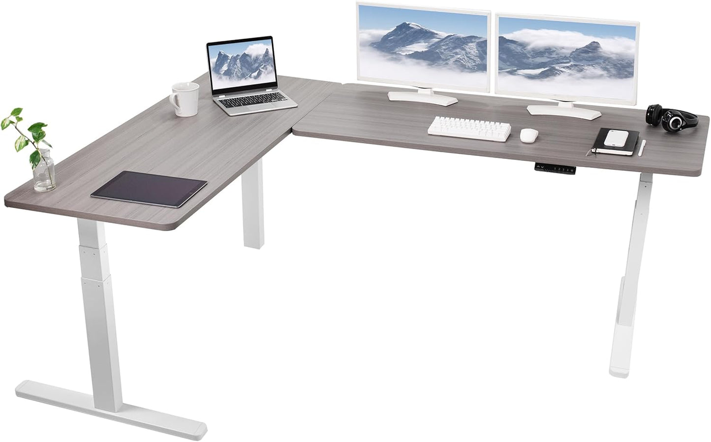 VIVO Electric 78 x 55 inch Square Corner Memory L Shaped Stand Up Desk, White Table Top, White Frame, Corner Height Adjustable Workstation, 3E-S Series, DESK-KIT-3E5SW
