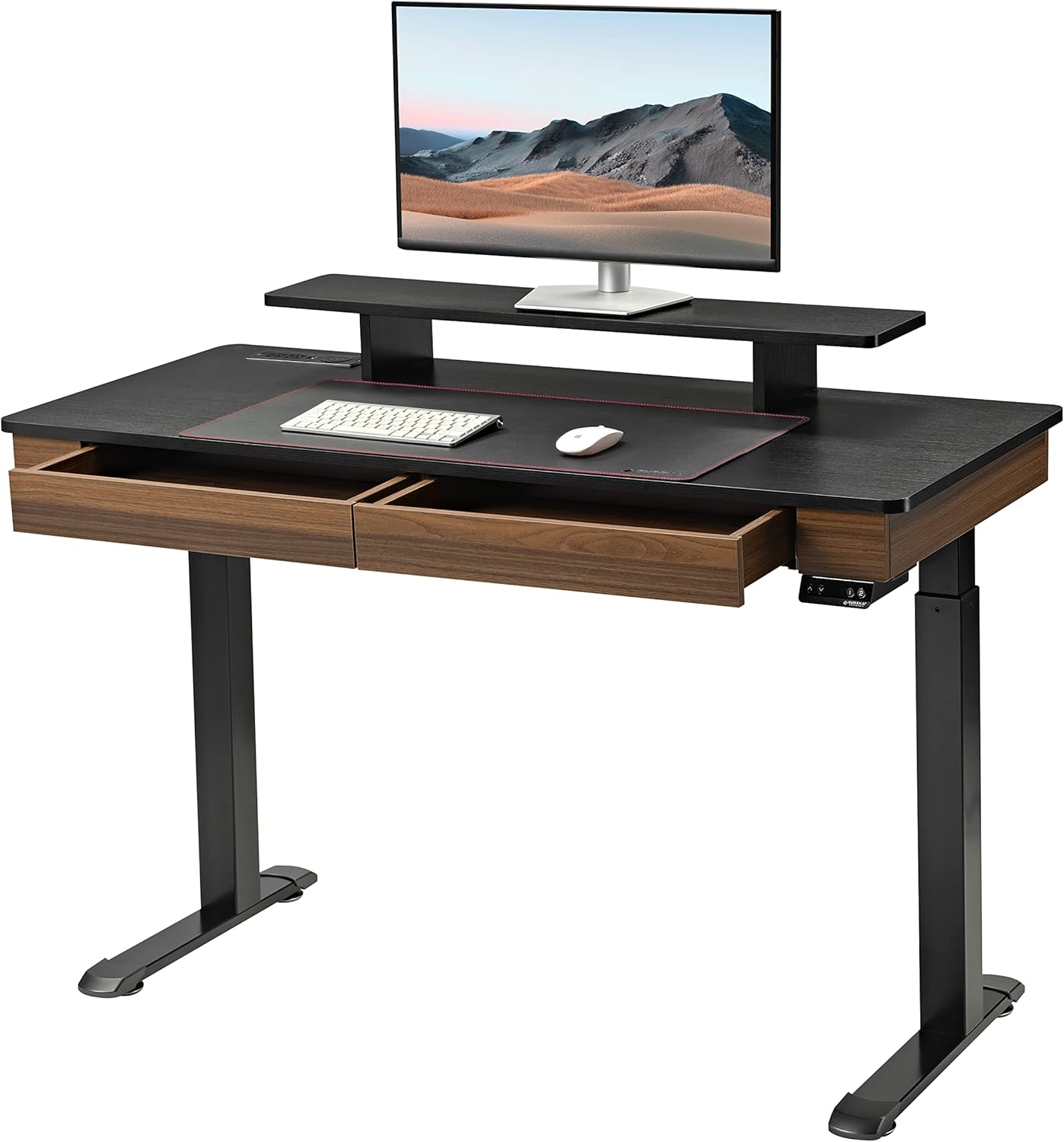 EUREKA ERGONOMIC Standing Desk with 2 Drawers, 55" Dual-Motor Height Adjustable Sit Stand Up Desk with Built-in Outlet, Wireless Charger, Luxury Home Office Computer Table with Monitor Riser, Walnut