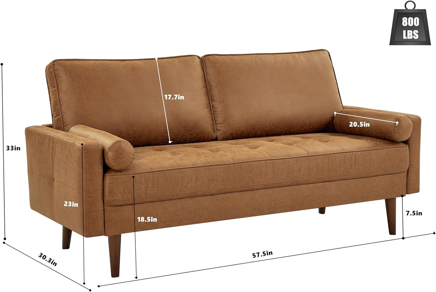 HIFIT 58" Loveseat Sofa Couch, Mid Century Modern Faux Leather Couch with Hand-Sewn Deep Love Seat & 2Pillows, Home Sofa Living Room Small Couches for Small Space,Bedroom,Office,Solid Wood Frame,Brown