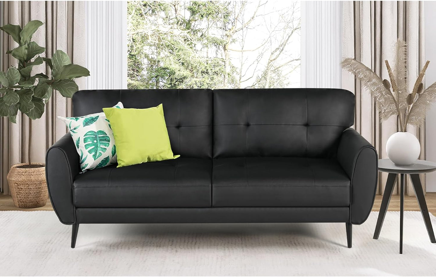 60" Loveseat Sofa for Living Room, Mid Century Mini Black Couch, Tufted Leather Love Seat Furniture, Comfy Office 2 Seat, Small Couches for Small Spaces, Bedroom, Apartment