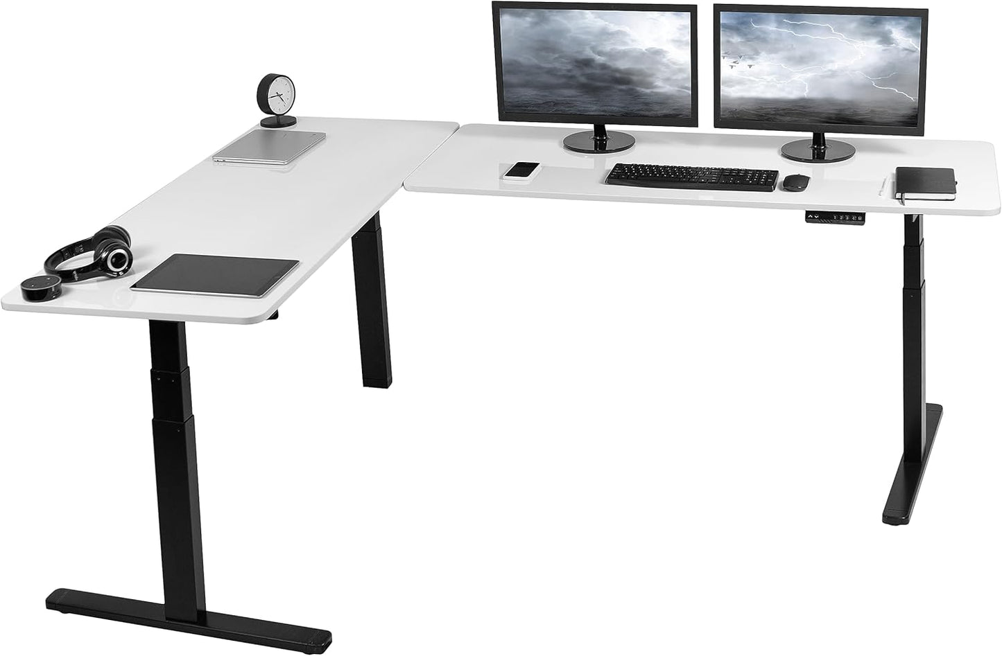 VIVO Electric 78 x 55 inch Square Corner Memory L Shaped Stand Up Desk, White Table Top, White Frame, Corner Height Adjustable Workstation, 3E-S Series, DESK-KIT-3E5SW