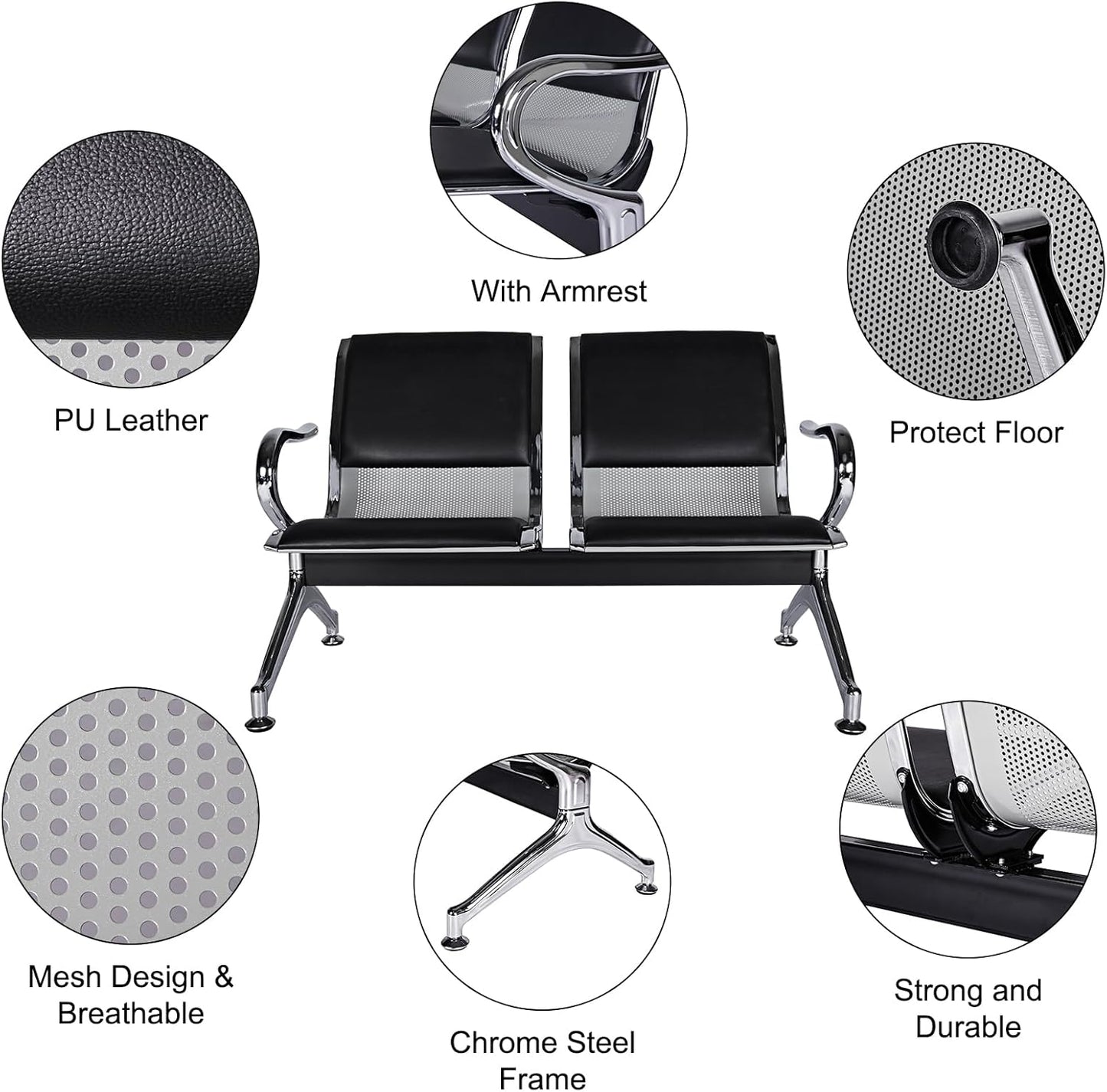 Kinfant 5-Seat Waiting Room Chairs Sofa Furniture - Office Guest Reception Chair with Armrest for Waiting Room Airport Hospital Bank (Black - PU+Mesh)