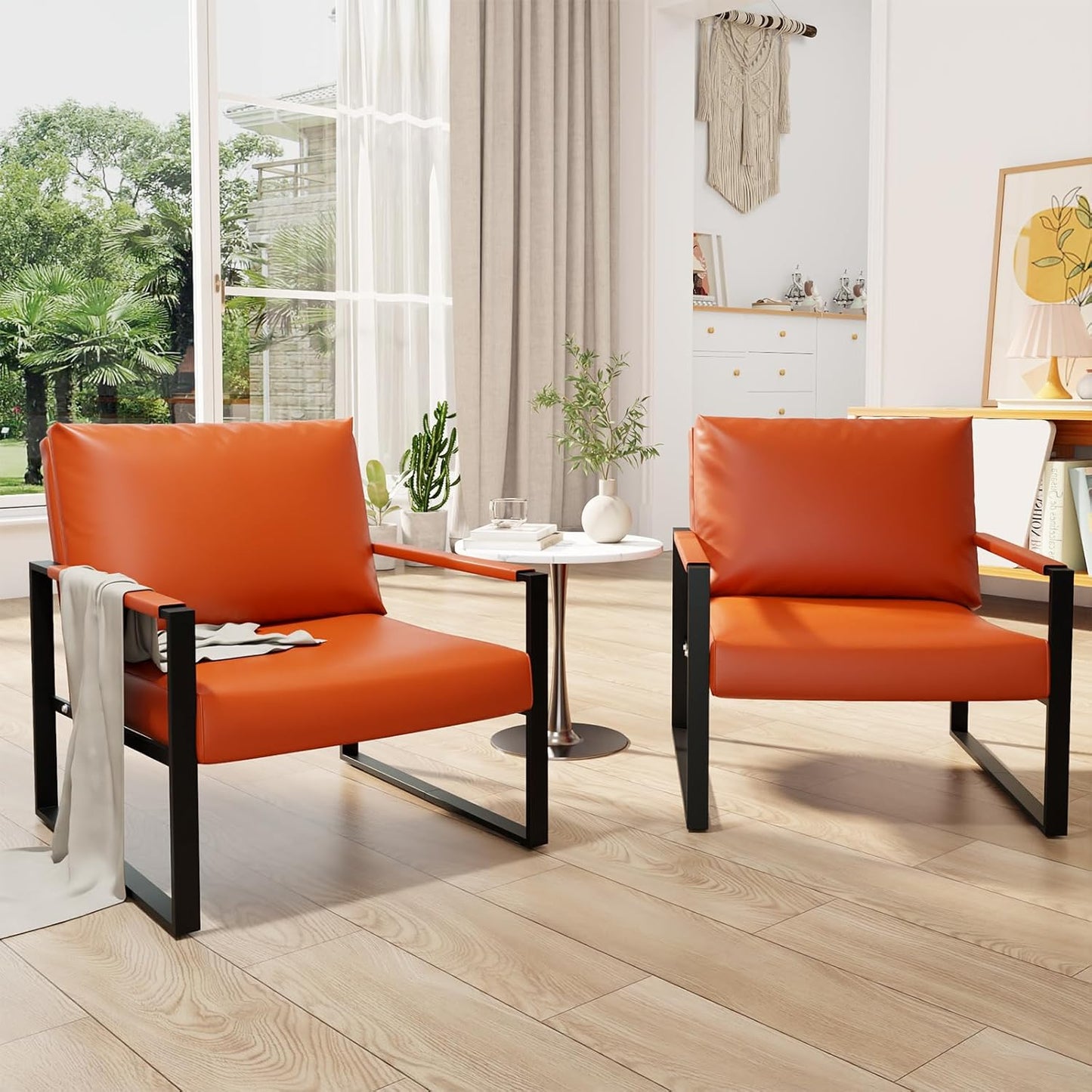 Recaceik Modern Accent Chair Set of 2, Arm Chairs Faux PU Leather Single Large Upholstered Sofa Chair,Ergonomic Lounge Living Room Chair for Bedroom Waiting Room Office Apartment Small Space,Orange