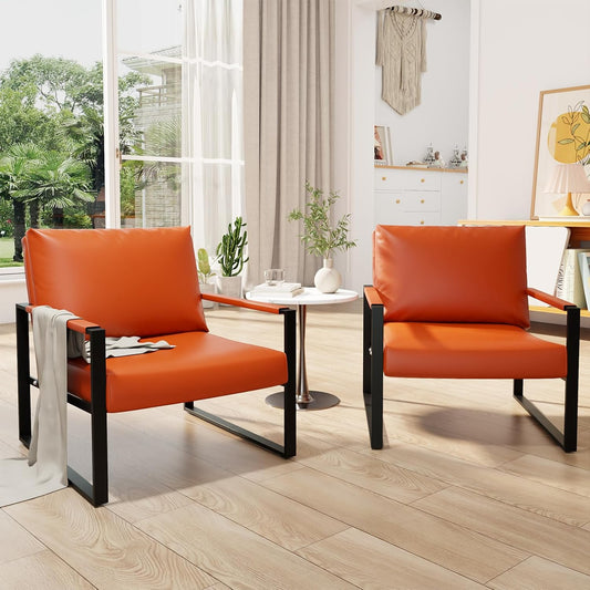 Recaceik Modern Accent Chair Set of 2, Arm Chairs Faux PU Leather Single Large Upholstered Sofa Chair,Ergonomic Lounge Living Room Chair for Bedroom Waiting Room Office Apartment Small Space,Orange