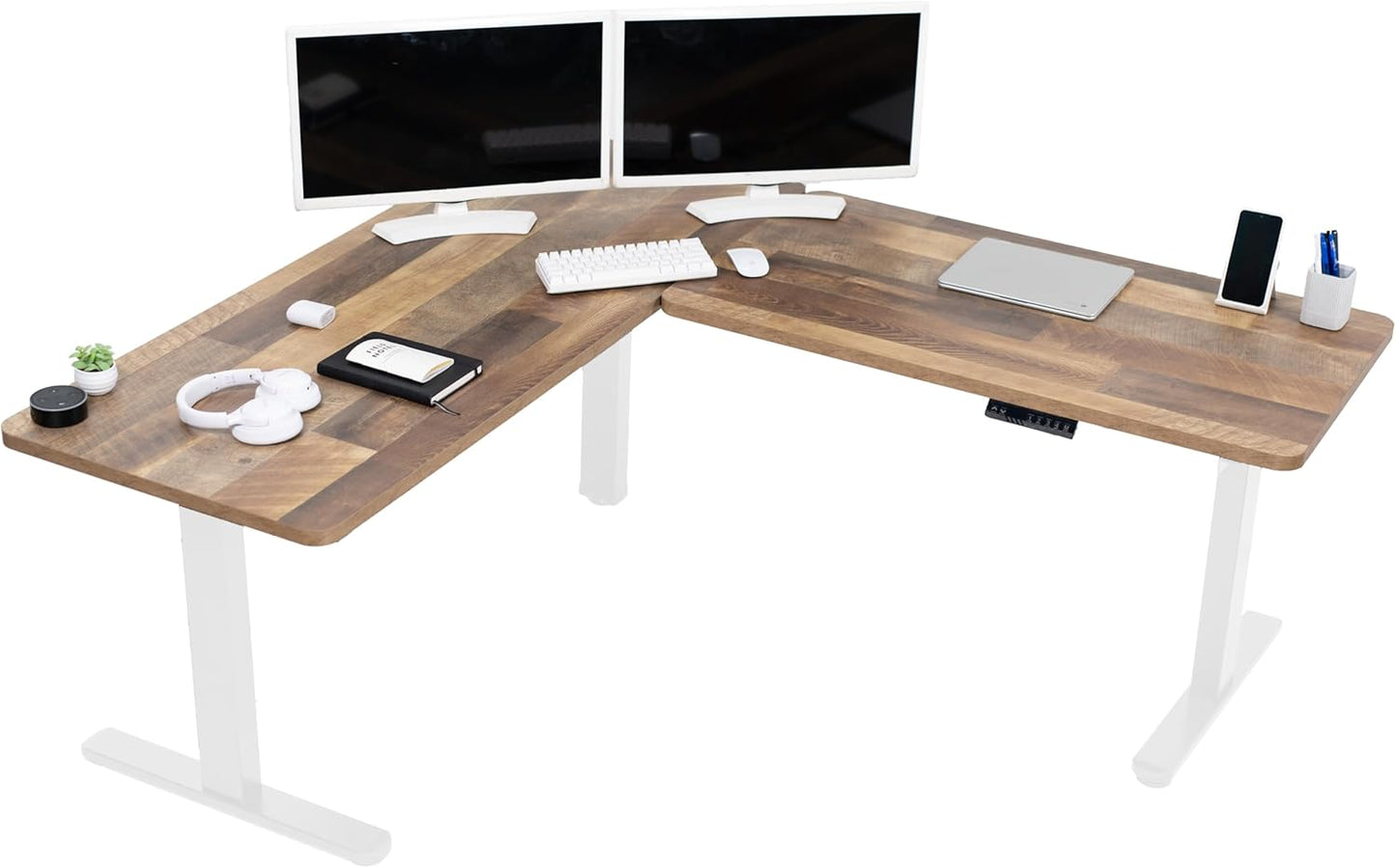 VIVO Electric 78 x 55 inch Square Corner Memory L Shaped Stand Up Desk, White Table Top, White Frame, Corner Height Adjustable Workstation, 3E-S Series, DESK-KIT-3E5SW