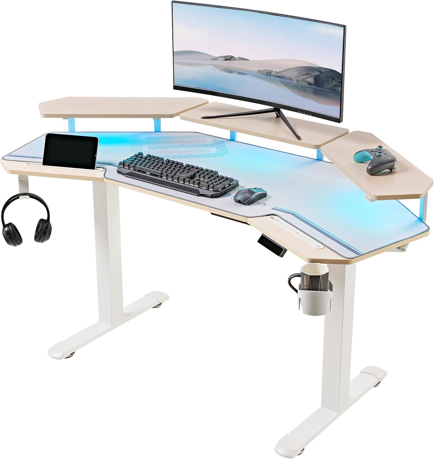 EUREKA ERGONOMIC Standing Gaming Desk with Dual Motor,63" Wing Shaped Computer Desk w Mouse Pad, Electric Adjustable Height Table w LED Monitor Stands,Slot Design,Walnut