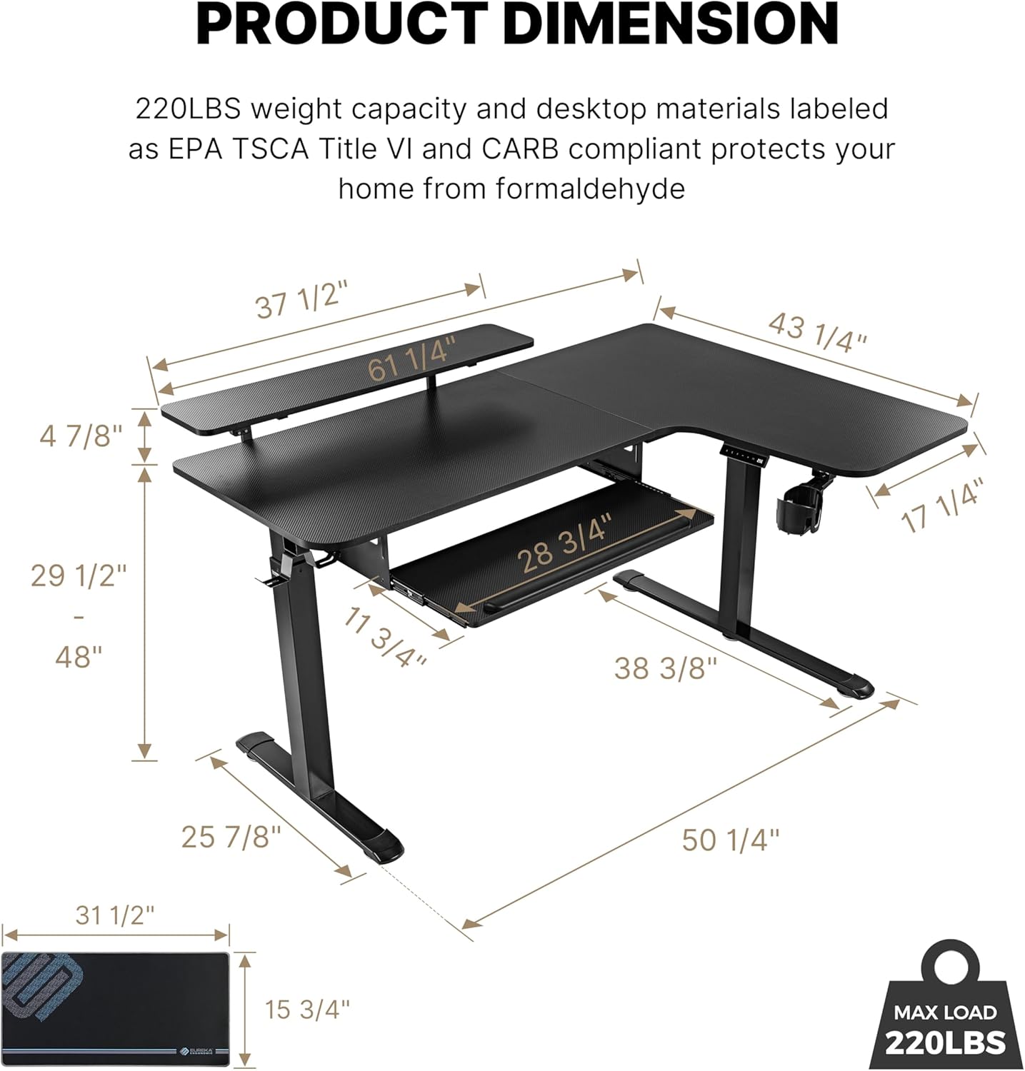 EUREKA ERGONOMIC Standing Desk (61"x43")- L Shaped Desk with Keyboard Tray Adjustable Height Sit Stand Computer Desk Corner Gaming Ergo Desk w Memory Presets, Monitor Stand, LED/USB/Dual Motor, Right