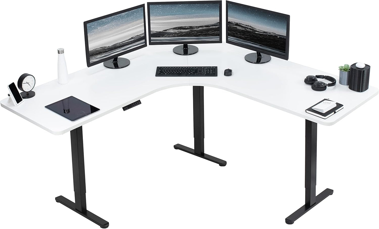 VIVO Electric Height Adjustable 71 x 71 inch Curved Corner Stand Up Desk, White Table Top, White Frame, Memory Controller, L-Shaped Workstation, E3C Series, DESK-KIT-E3CWW