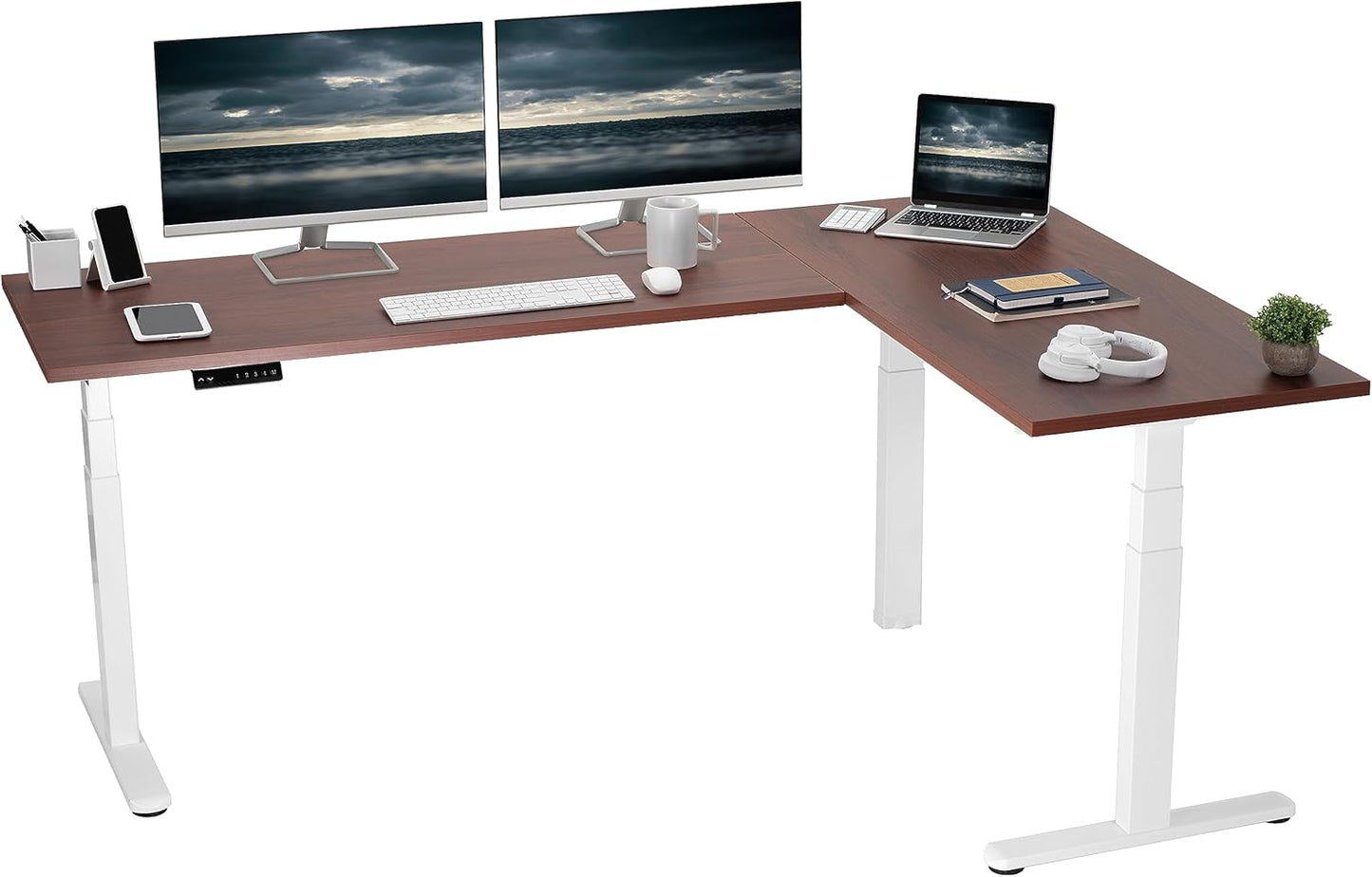 VIVO Electric 78 x 55 inch Square Corner Memory L Shaped Stand Up Desk, White Table Top, White Frame, Corner Height Adjustable Workstation, 3E-S Series, DESK-KIT-3E5SW