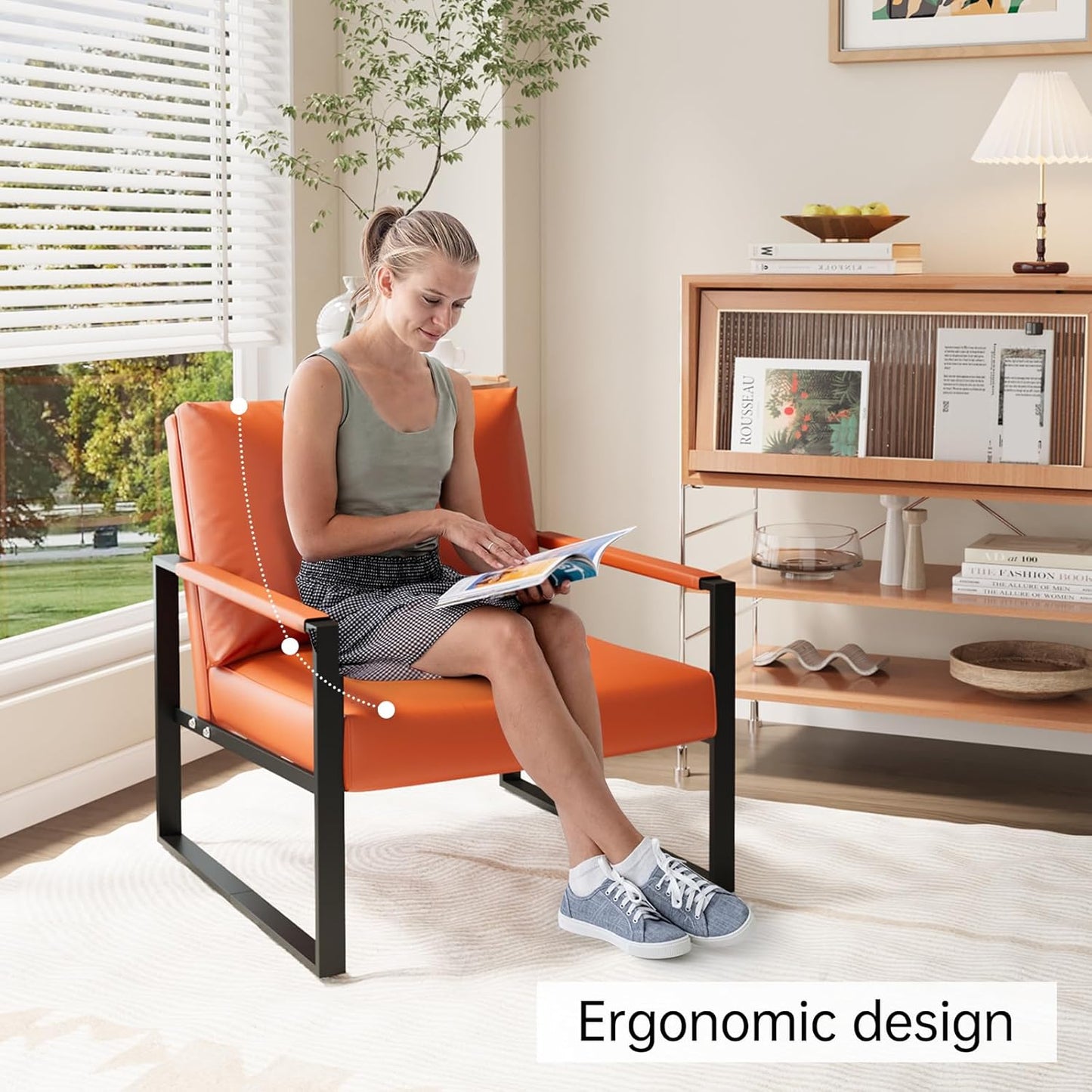 Recaceik Modern Accent Chair Set of 2, Arm Chairs Faux PU Leather Single Large Upholstered Sofa Chair,Ergonomic Lounge Living Room Chair for Bedroom Waiting Room Office Apartment Small Space,Orange