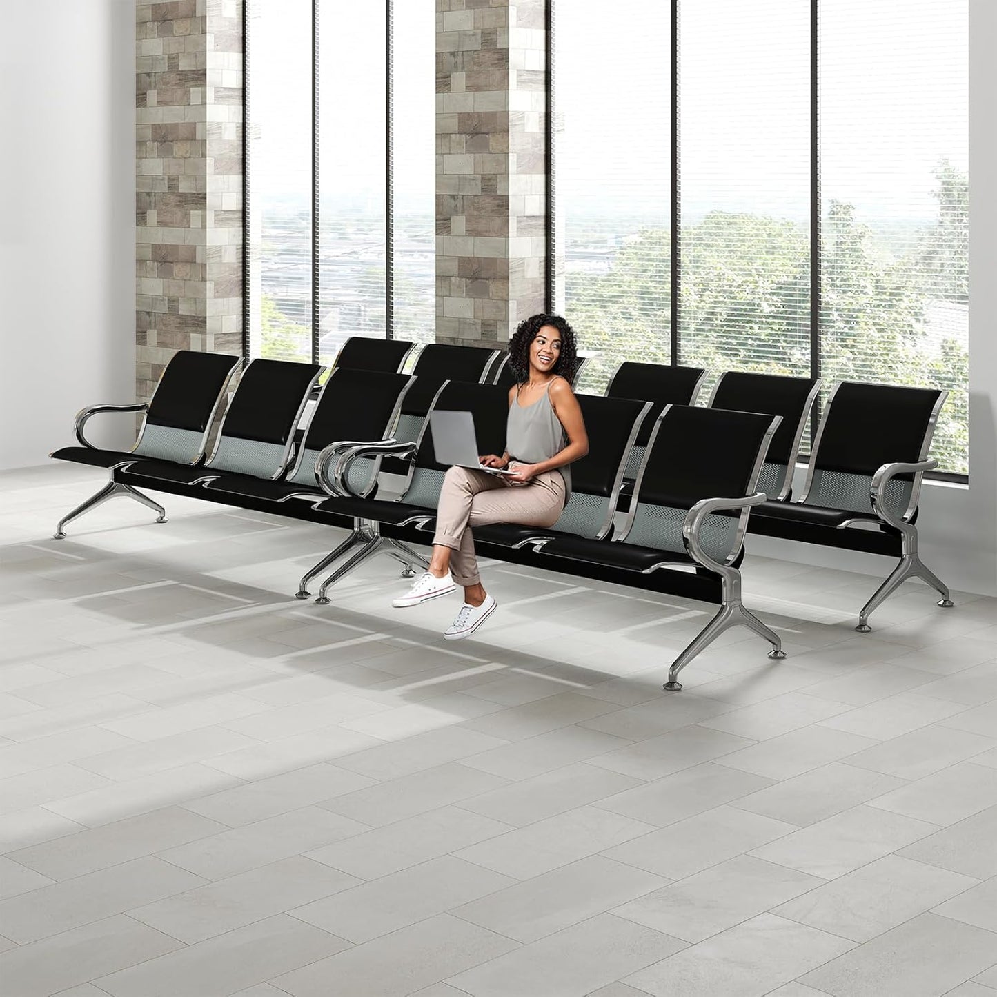Kinfant 5-Seat Waiting Room Chairs Sofa Furniture - Office Guest Reception Chair with Armrest for Waiting Room Airport Hospital Bank (Black - PU+Mesh)