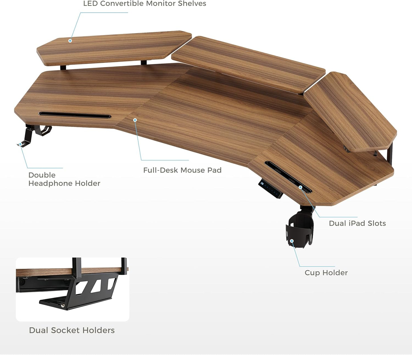 EUREKA ERGONOMIC Standing Gaming Desk with Dual Motor,63" Wing Shaped Computer Desk w Mouse Pad, Electric Adjustable Height Table w LED Monitor Stands,Slot Design,Walnut