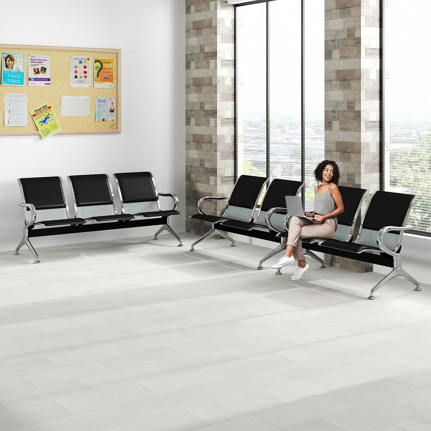 Kinfant 5-Seat Waiting Room Chairs Sofa Furniture - Office Guest Reception Chair with Armrest for Waiting Room Airport Hospital Bank (Black - PU+Mesh)