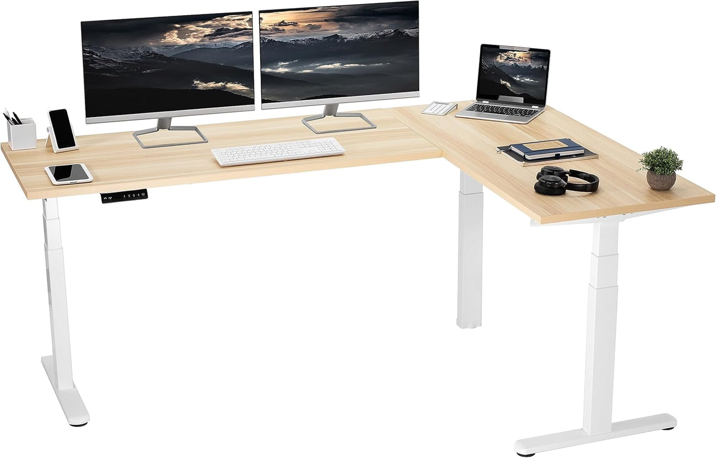 VIVO Electric 78 x 55 inch Square Corner Memory L Shaped Stand Up Desk, White Table Top, White Frame, Corner Height Adjustable Workstation, 3E-S Series, DESK-KIT-3E5SW