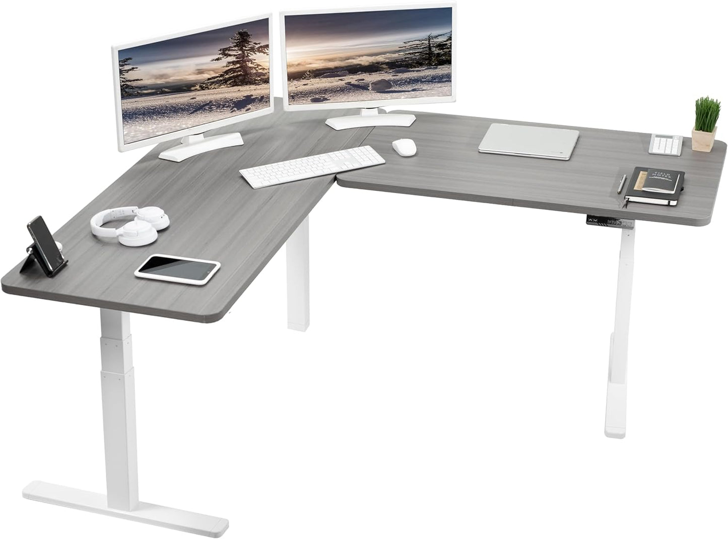 VIVO Electric 78 x 55 inch Square Corner Memory L Shaped Stand Up Desk, White Table Top, White Frame, Corner Height Adjustable Workstation, 3E-S Series, DESK-KIT-3E5SW