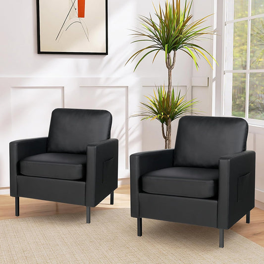 AODAILIHB Black Leather Accent Chair Set of 2, Modern Accent Chairs with Arms, Small Side Chair 2 Pocket/Thick Cushion Single Sofa Comfy Couch for Living Room/Waiting Room/Office (2, Black)