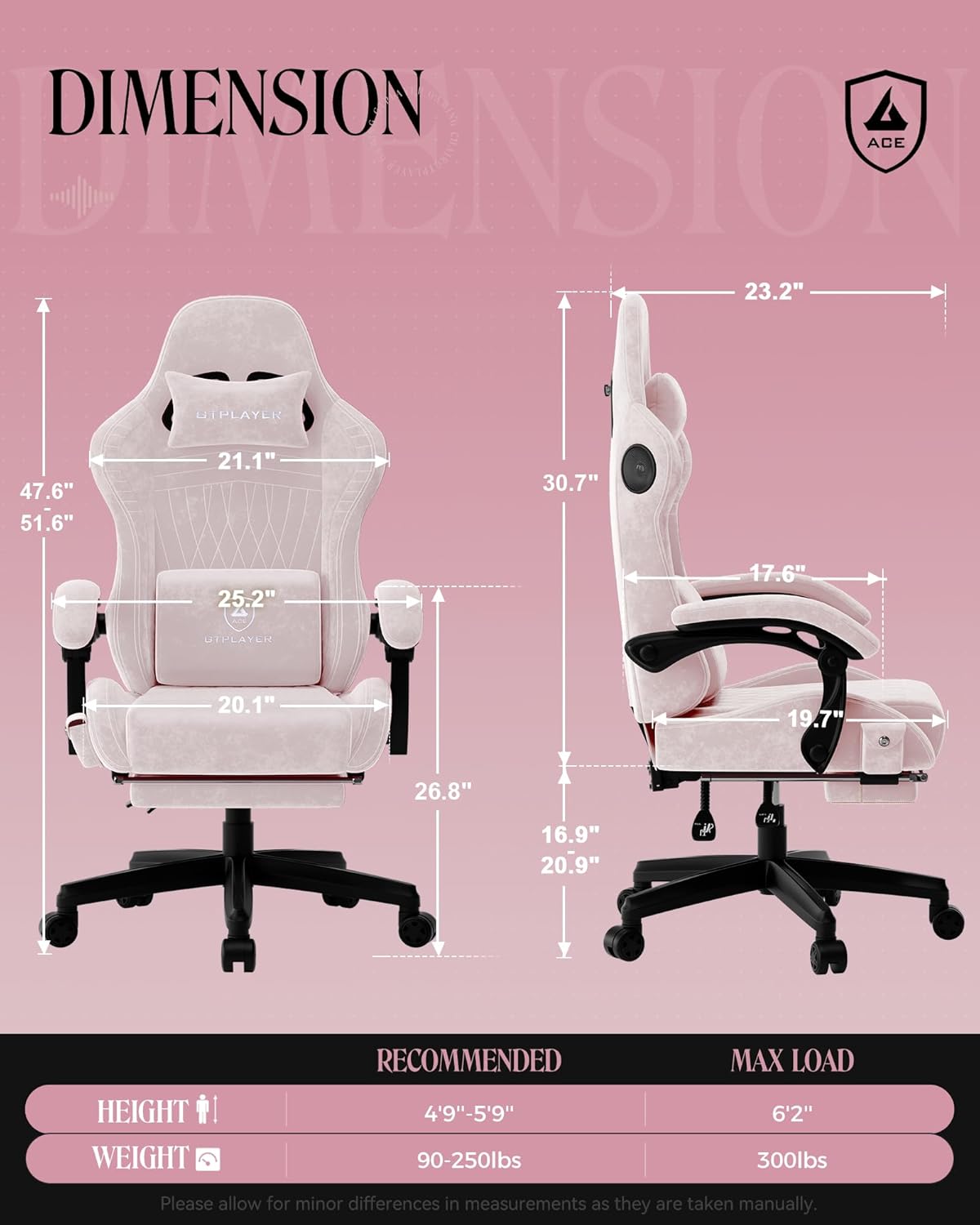 GTPLAYER Gaming Chair with Speakers, Video Game Chairs with Footrest, PC Gamer Chairs for Adults - Padded High Back Ergonomic Reclining Silla Gamer, Linkage Armrest, Ace Pro, Pink (Velvet)