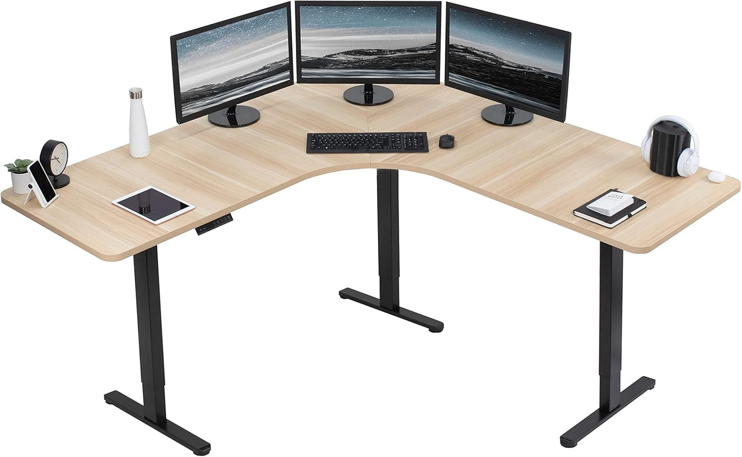 VIVO Electric Height Adjustable 71 x 71 inch Curved Corner Stand Up Desk, White Table Top, White Frame, Memory Controller, L-Shaped Workstation, E3C Series, DESK-KIT-E3CWW