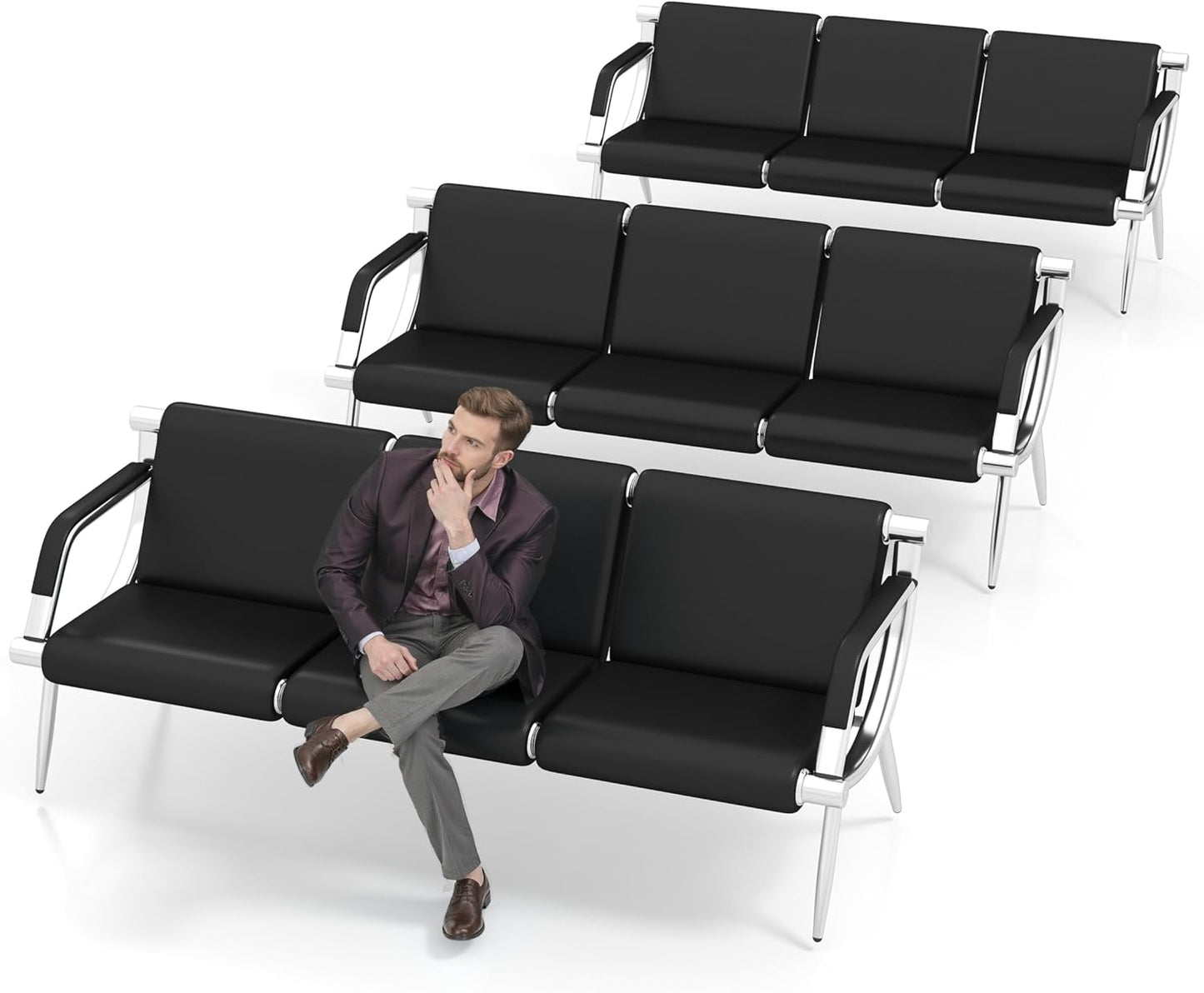 Kinsuite 3-Seat Office Reception Waiting Room Chairs - Guest & Reception Chairs for Salon Barber Bench Airport Bank Hall Visitor Guest Black PU Leather Office Sofa, Black