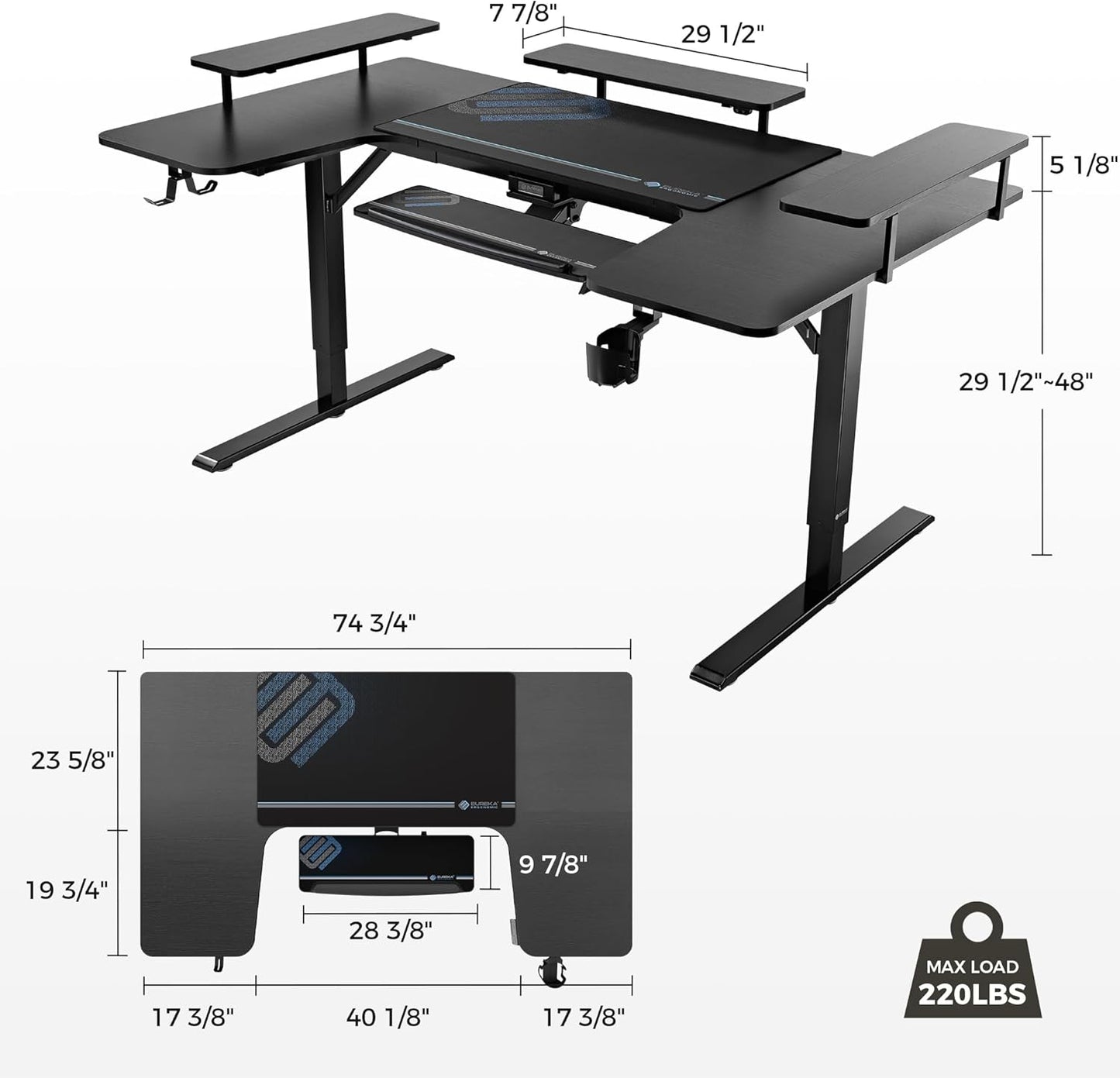 EUREKA ERGONOMIC Standing Desk with Keyboard Tray,U-Shaped 74 Inch Large Gaming Desk,Electric Height Adjustable Music Studio Desk w LED Convertible Shelves