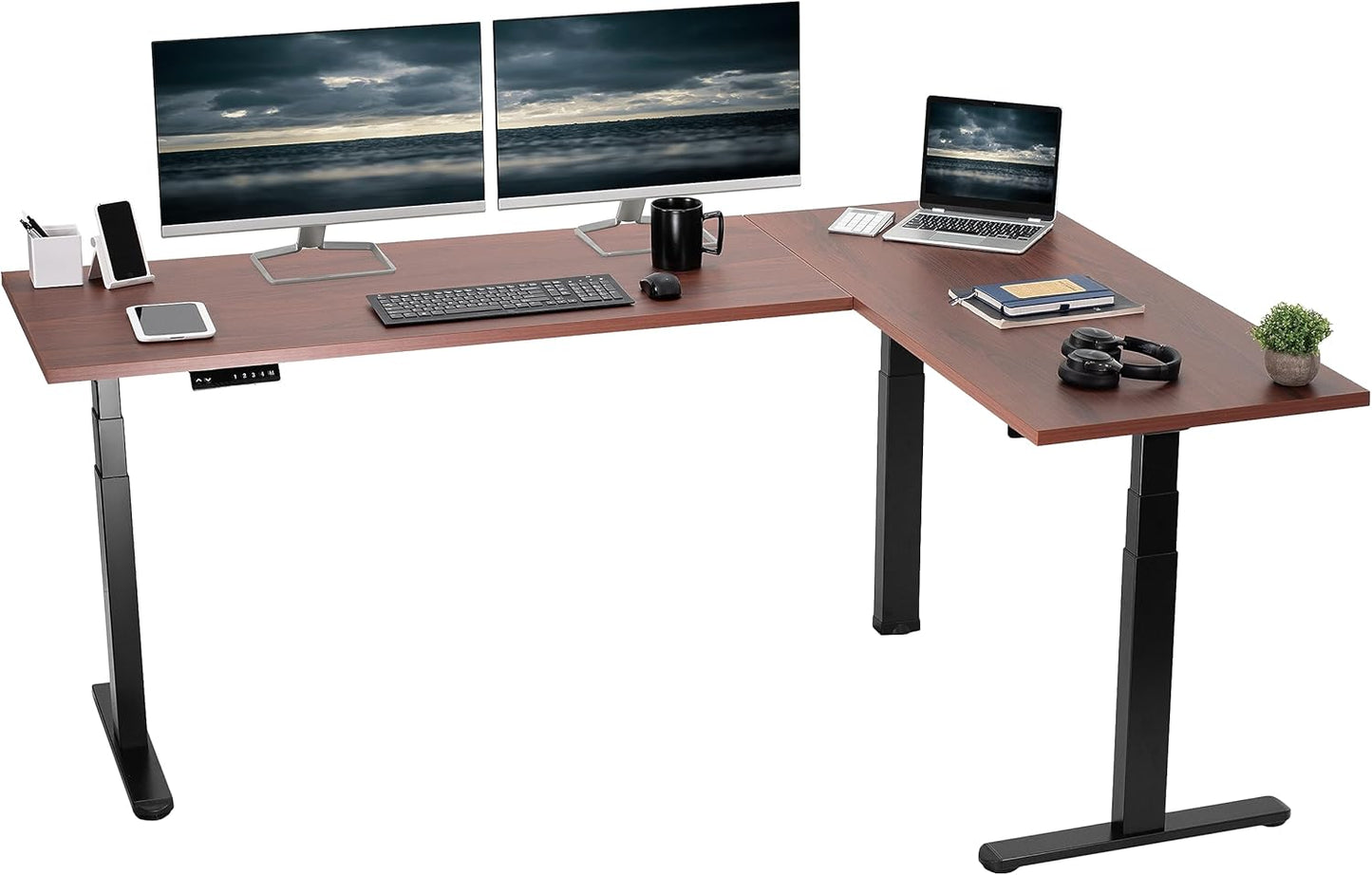 VIVO Electric 78 x 55 inch Square Corner Memory L Shaped Stand Up Desk, White Table Top, White Frame, Corner Height Adjustable Workstation, 3E-S Series, DESK-KIT-3E5SW