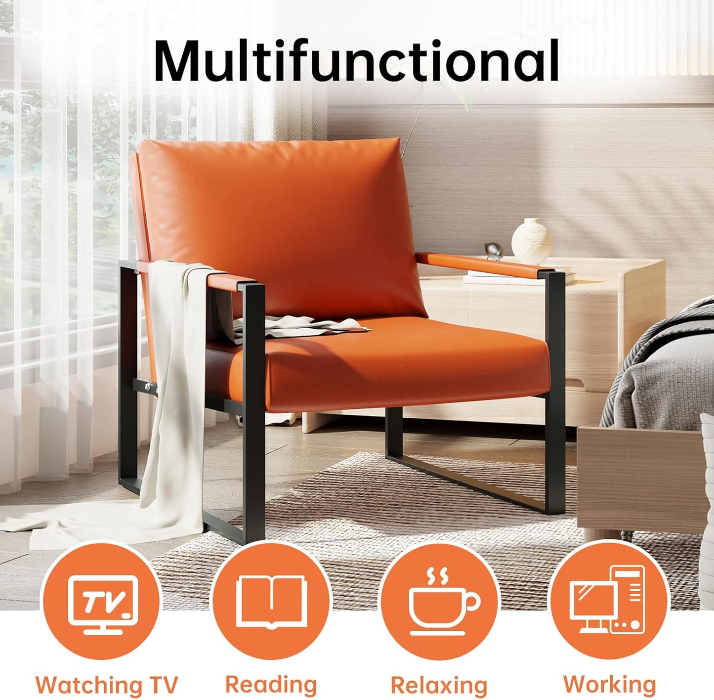 Recaceik Modern Accent Chair Set of 2, Arm Chairs Faux PU Leather Single Large Upholstered Sofa Chair,Ergonomic Lounge Living Room Chair for Bedroom Waiting Room Office Apartment Small Space,Orange